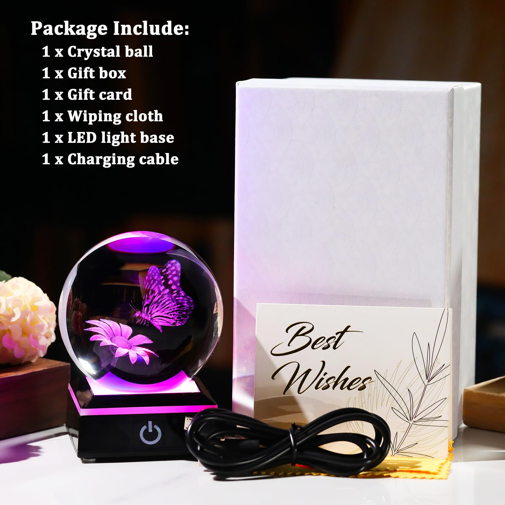 Arikyrist Figura de mariposa de cristal 3D con base LED, regalos de mariposa láser para mujeres y hombres, estatua de mariposa de cristal, luz nocturna para Navidad, cumpleaños, decoración del hogar