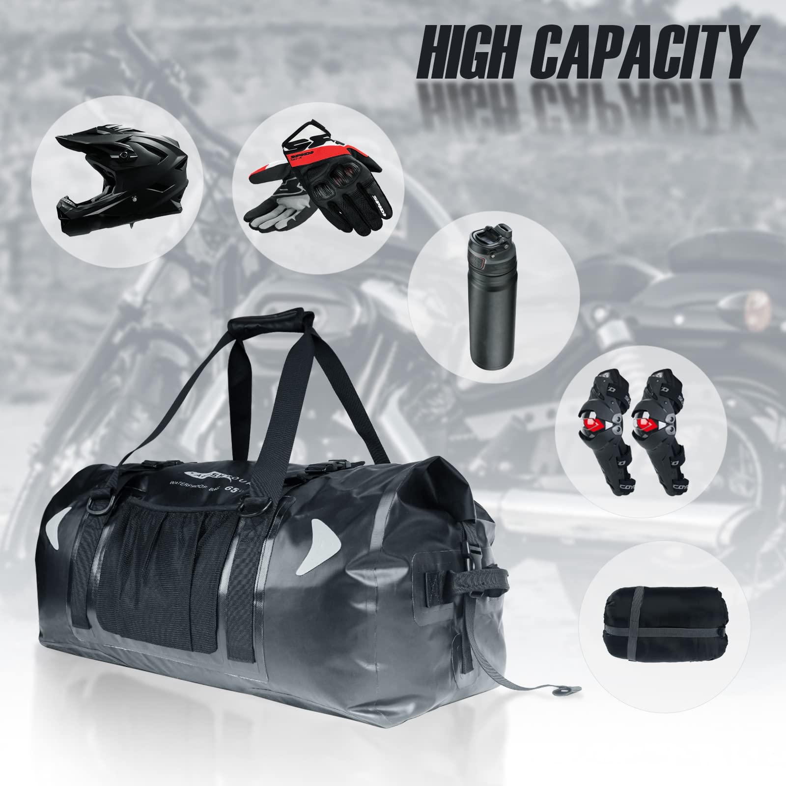 Bolsa seca impermeable de 65 L para motocicleta, bolsa seca de gran tamaño para hombres y mujeres, bolsa de lona impermeable con correa de hombro con hebilla para el hombro para navegación,