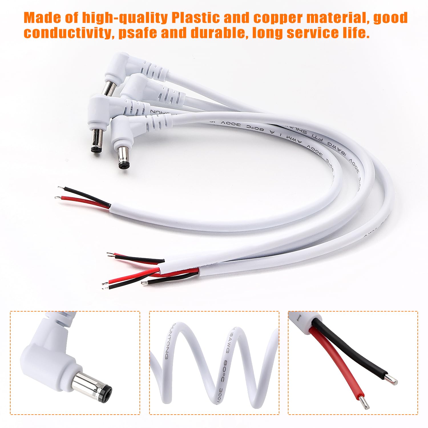 4 Pezzi 30cm 18 AWG 5.5 mm x 2.1 mm Cavo di Alimentazione DC, Spina Maschio ad Angolo Retto a Filo Nudo Cavo Alimentazione Aperto Cavi Riparazione, per Telecamera di Sicurezza, Bianco