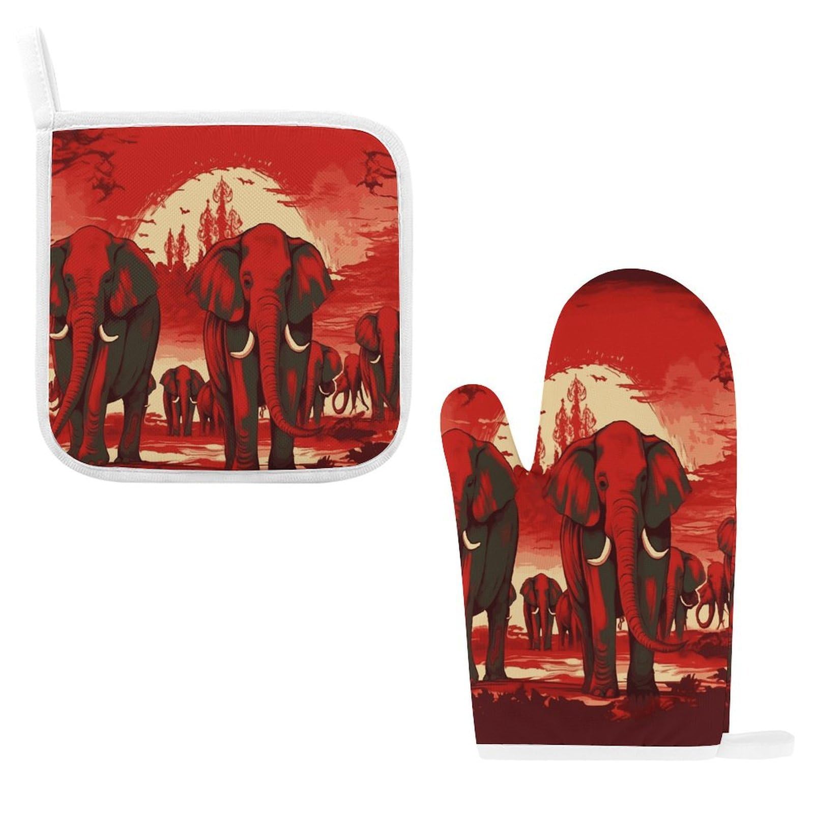 Fodpand Style Elephants Red Oven Mitts And Pot Holders Sets