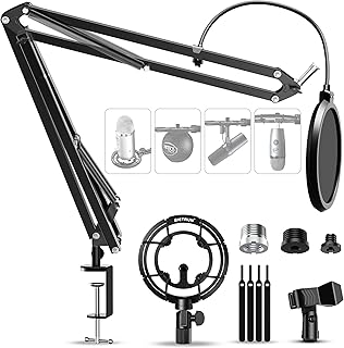 Bietrun Microphone Arm Desk Mount with Shock Mount＆Pop Filter for Blue Yeti/Snowball/Hyperx Quadcast/Shure MV7/SM7B/RODE, Metal 360°Adjustable Boom Arm Stand with Mic Clip for Shure SM58/Samson Q2U