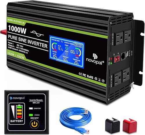 Novopal Inversor de onda sinusoidal pura de 1000 W2000 W (pico) Convertidor de CC de 12 V a 110 V120 V, 4 salidas de CA, inversores Rv con puerto