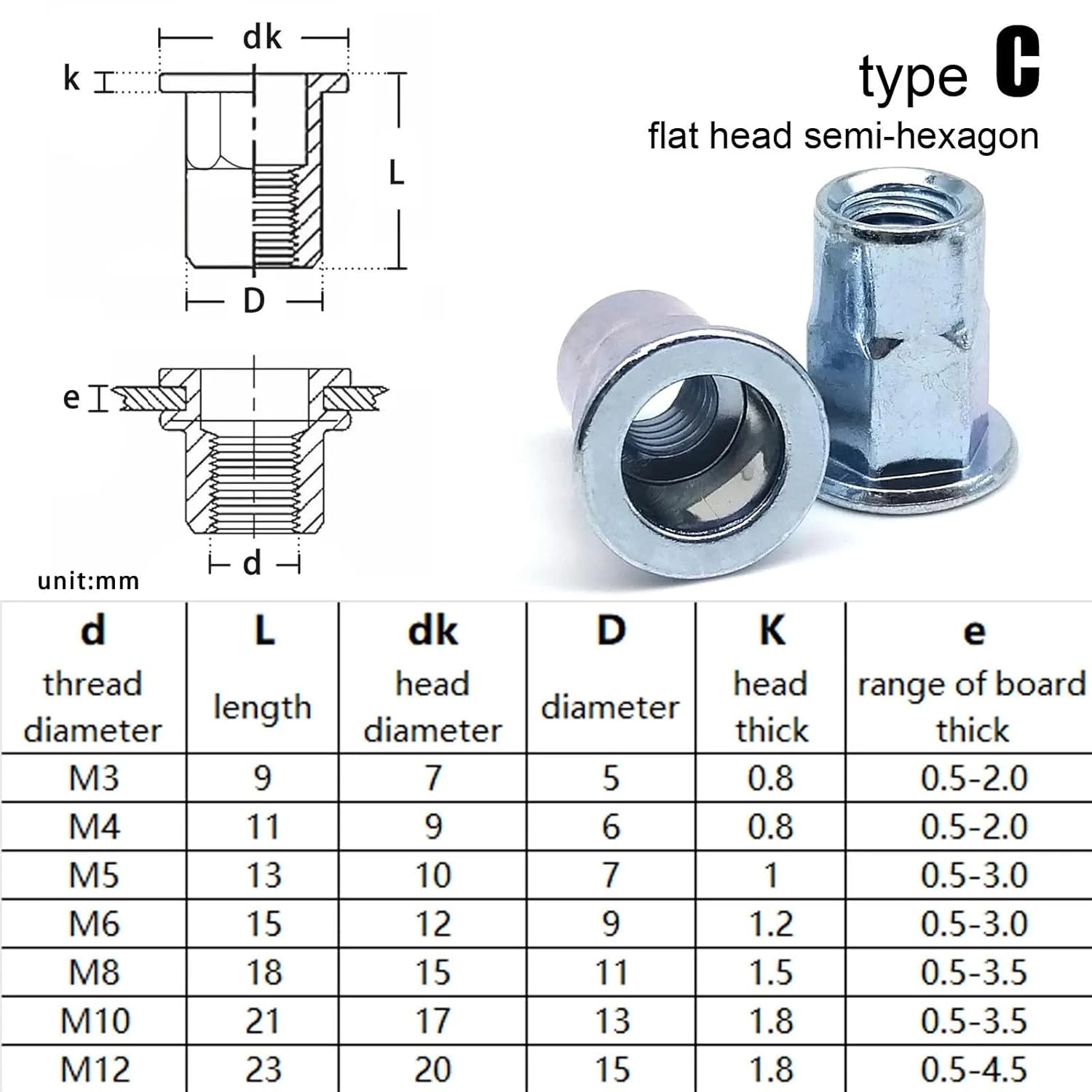 M8 Nut Thread Flat Small Countersunk Rivnut Nutsert Carbon Steel 20/40/60Pcs(Type C,60pcs M8)