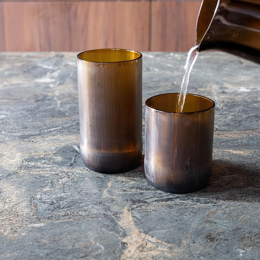 IWAS Upcycled Short Amber Drinking Glasses, Short, 8.45 oz / 250 ml, Set of 4 Rustic Grooved Cups, Handcrafted Sustainable Glassware - Image 6