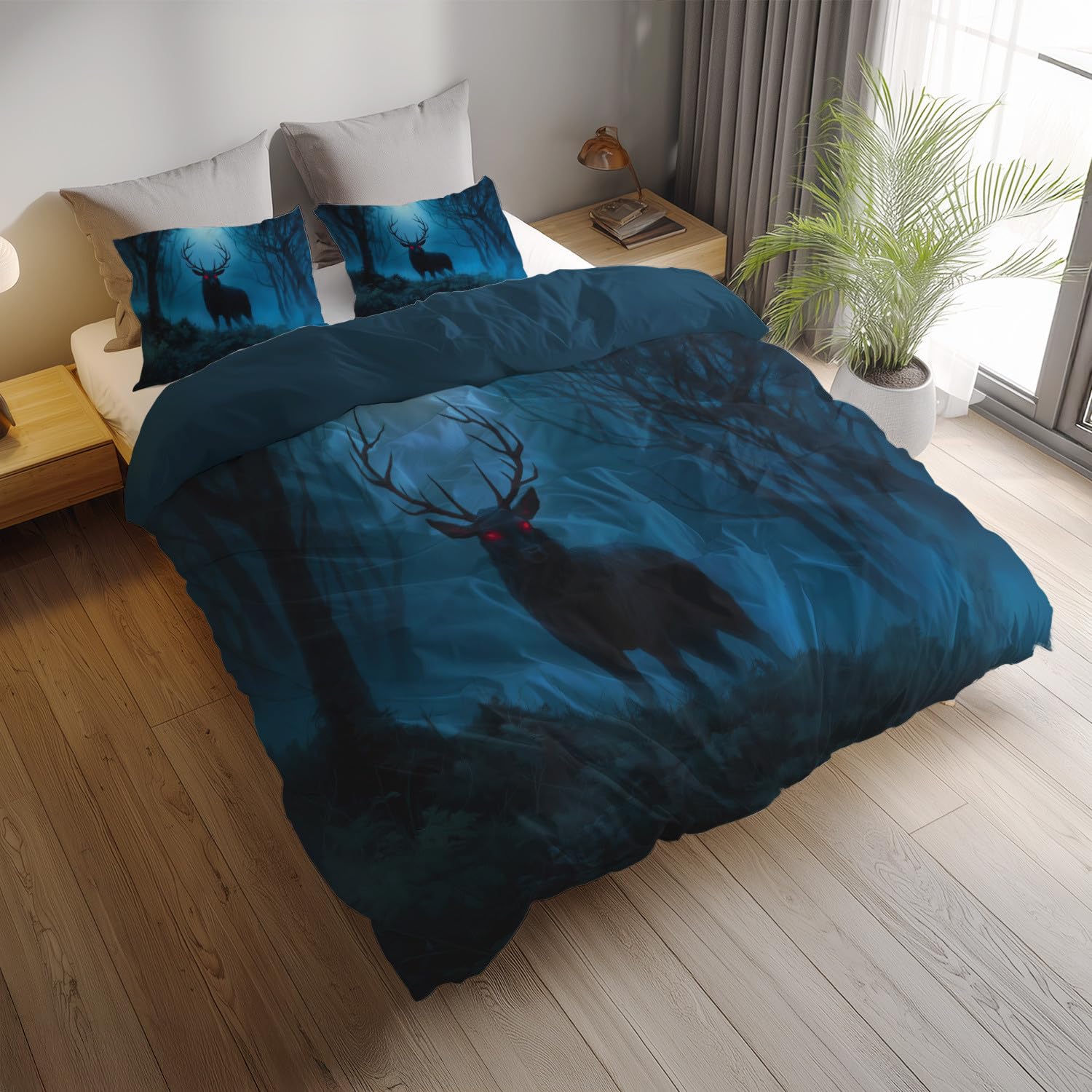 Szczotkowana poszewka na kołdrę w rozmiarze King Size 230 x 220 cm, miękka i lekka poszewka na kołdrę na zimę Wonderfsul Winter, zestaw pościeli z 4 narożnymi wiązaniami, fantasy horror, czarny jeleń