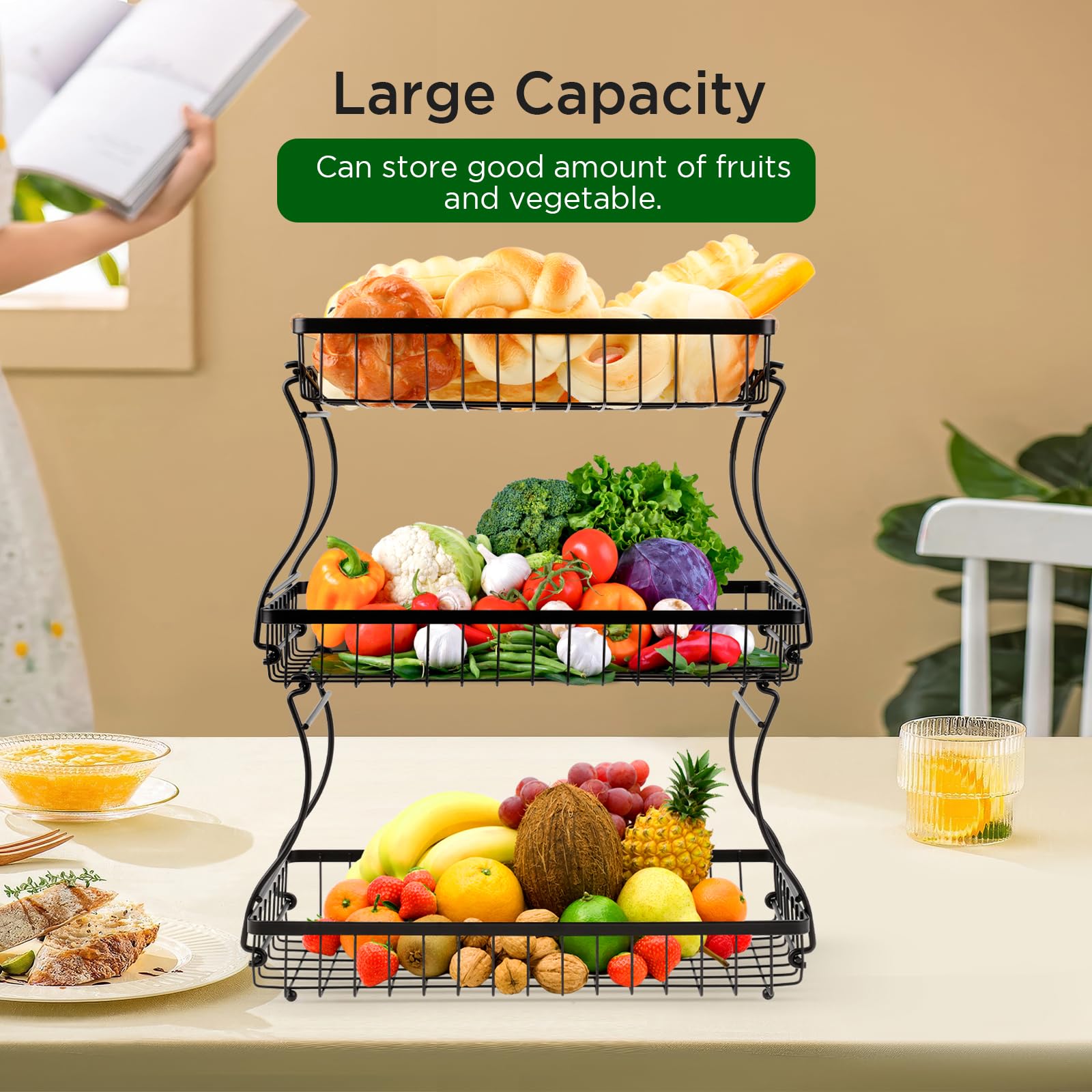 VINATO Frutero de 3 Niveles de Metal – Organizador Moderno con Asas de Madera, para Cocina, Baño & Más – Ideal para Frutas, Verduras & Almacenamiento, Negro