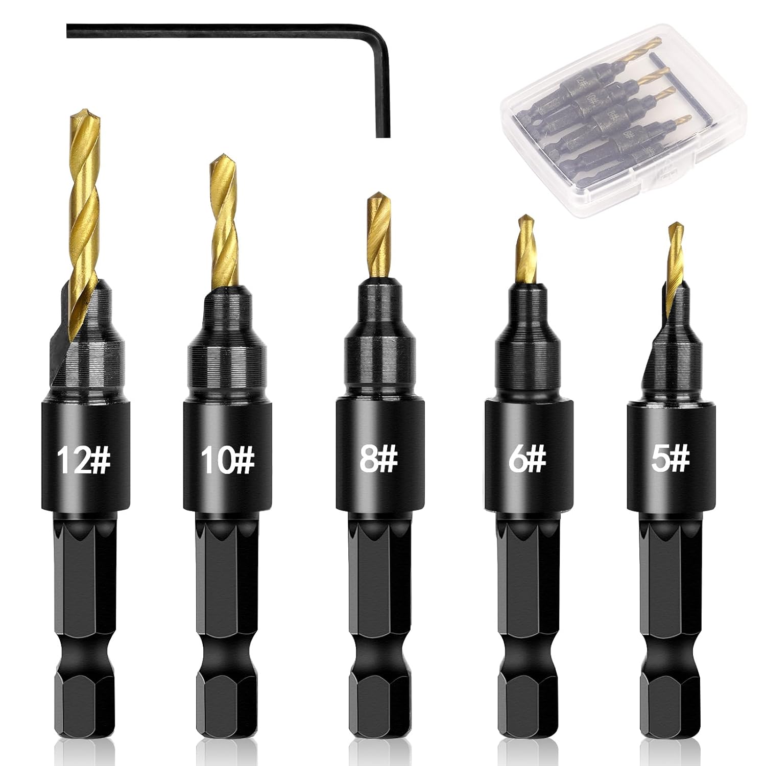 OAOJUBR 5PCS Adjustable Countersink Drill Bit Set for Wood - #5-#12 Sizes, Depth Stop, Hex Key for Precise Woodworking