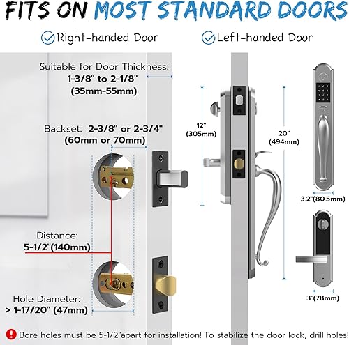 Miniatura 6 de Eseesmart Juego de cerraduras de puerta delantera, cerrojo de cerradura de puerta de entrada sin llave con juego de asa, cerraduras inteligentes