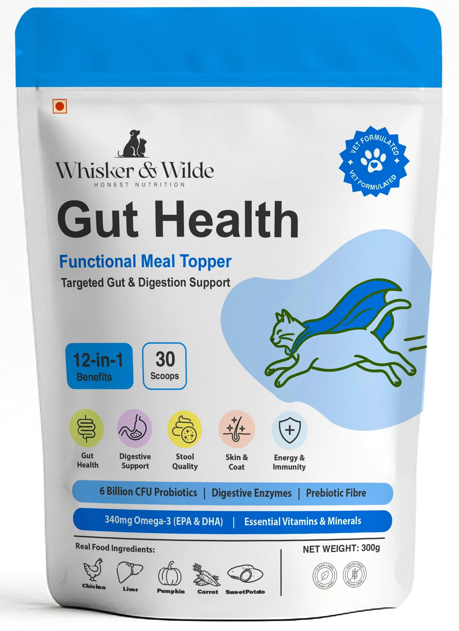 Cat Gut Health Supplement | Targeted Gut Health Support | 6 Billion CFU Probiotics for Loose Stools, Vomiting, Gas and Paw Licking | L-Methionine for Urinary Health | 300g