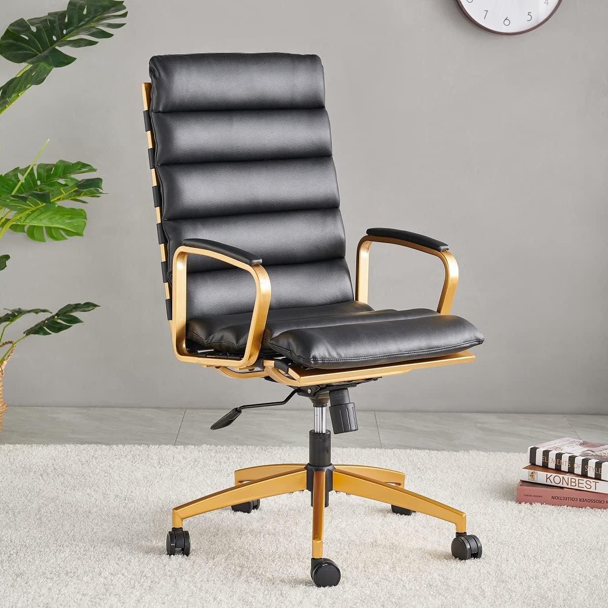 Hioryllks Modern Chair Black Leather, Gold Frame