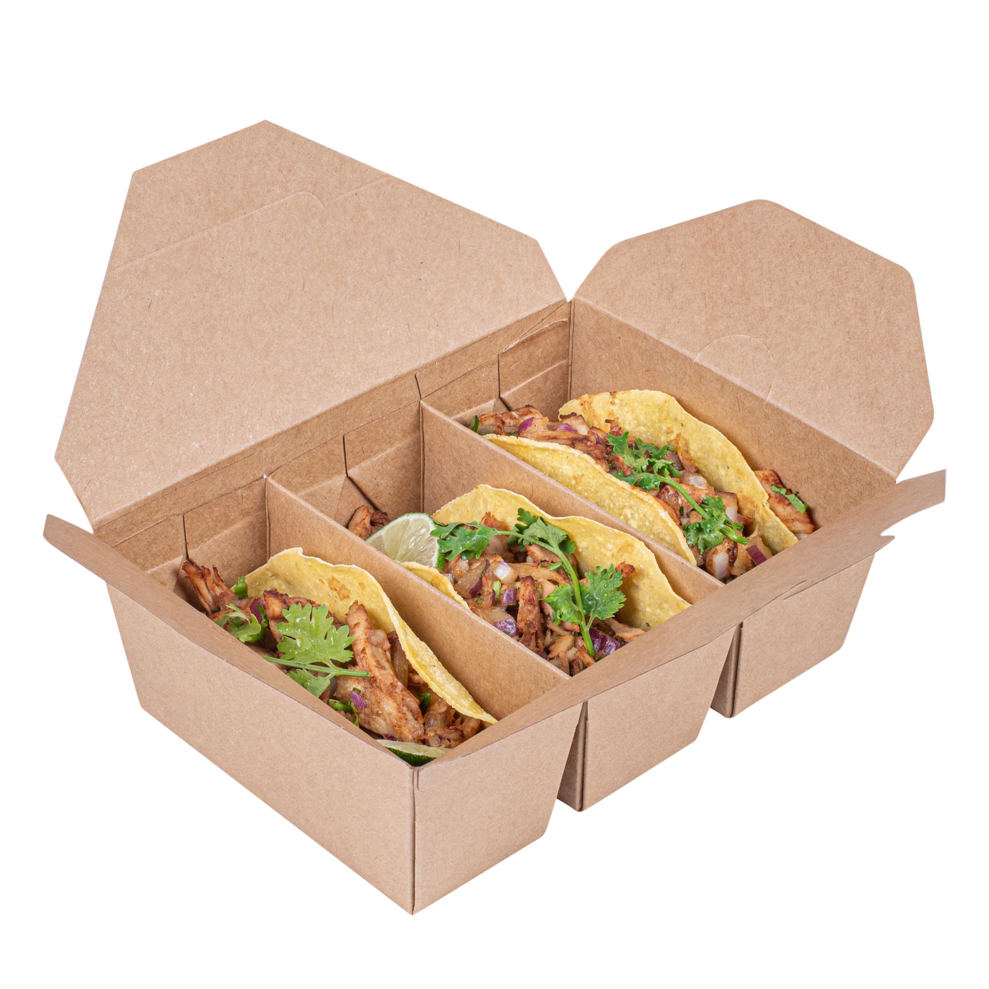 Restaurantware -Bio Tek - Contenedores de tacos de 7.5 x 5.5 x 2 pulgadas, 100 cajas desechables para tacos – 3 compartimentos, congelables, contenedores de papel kraft, tapa de bloqueo de pestañas,