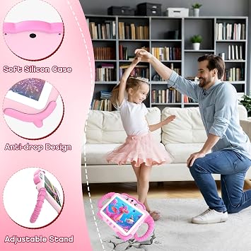 7 Inch Kids Tablet for Toddlers, Children’s Tablet for Kids with Quad Core 32G ROM 128GB Extendable Parental Control, WiFi, Bluetooth, Dual Camera with Silicone Case (Pink)