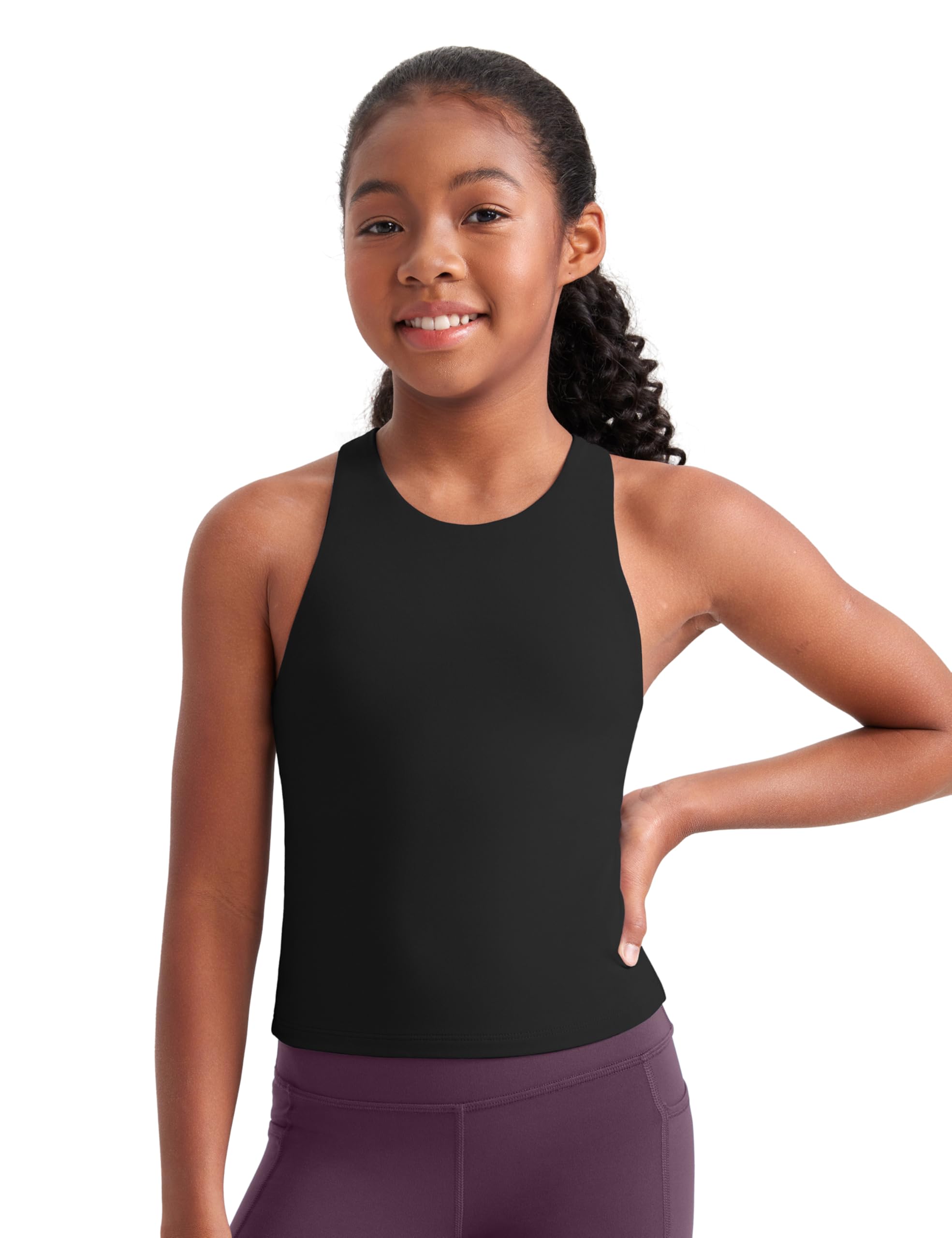 CRZ YOGA Filles Butterluxe Double Doublure Débardeurs Longueur de la Taille Col Haut Dos Nageur Adolescent Enfants