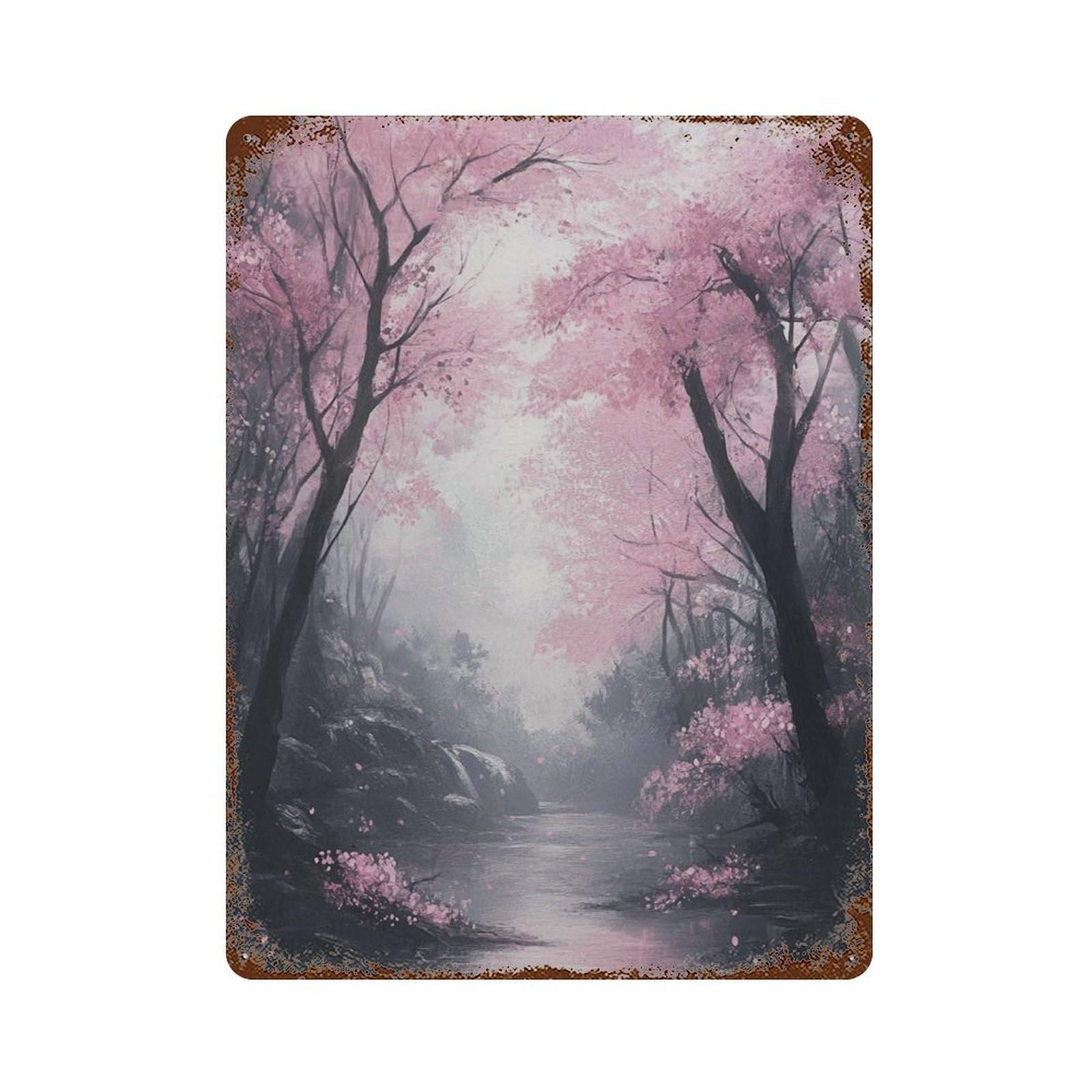 xiaoxiaoshen Cherry Blossom Forest Japanese Nature Pink Landscape Wall Decor Art Metal Tin Poster Modern Home Decor Art Home Bar Shop Decorations Vintage Sign 40x30cm