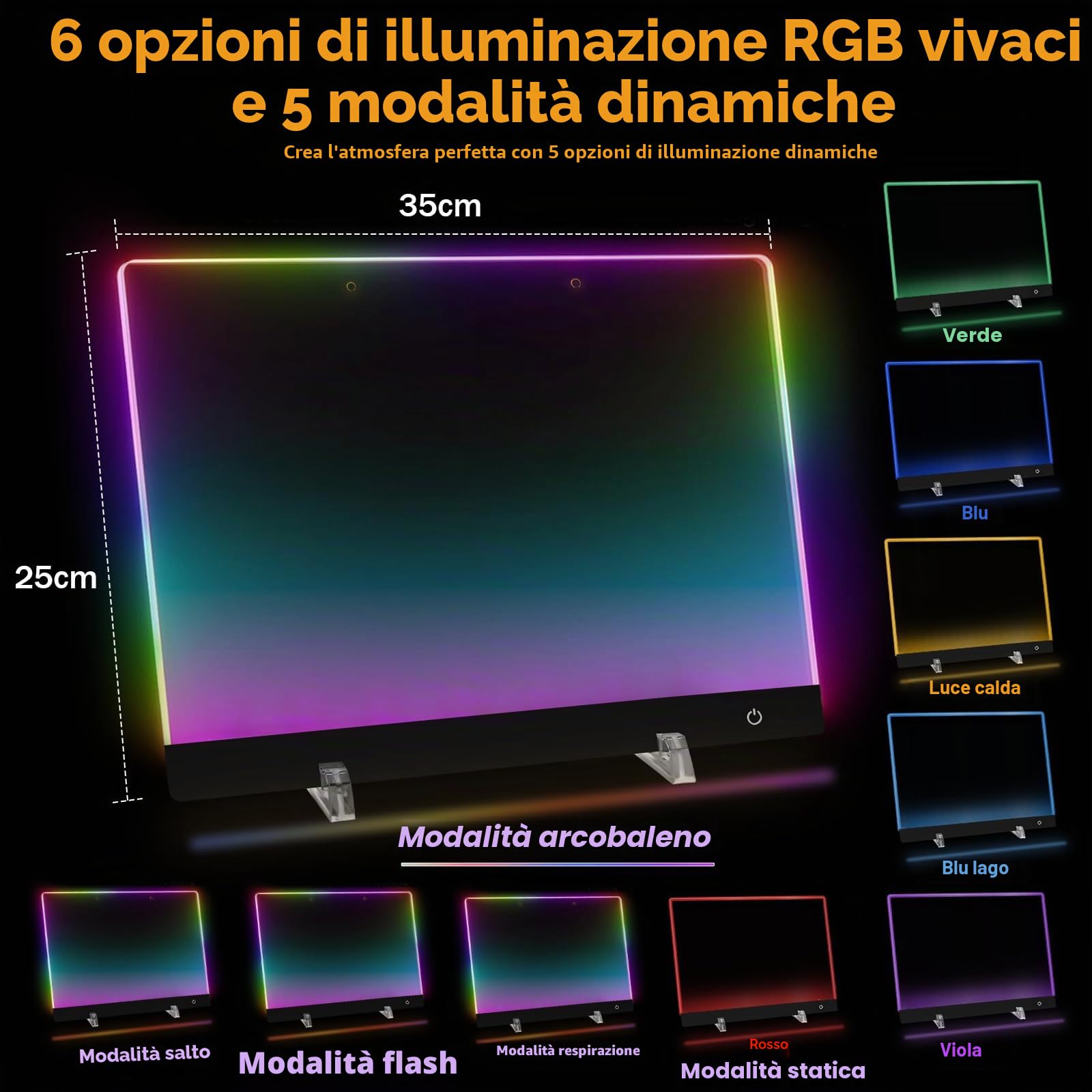 Lavagnetta in Acrilico con Luci LED, 35x25cm Lavagna Promemoria LED, 5 Modalità e 6 Colori Lavagna Luminosa per Disegnare, Tavoletta Grafica Bambini con Penna a 7 Colori, Catena, Supporto