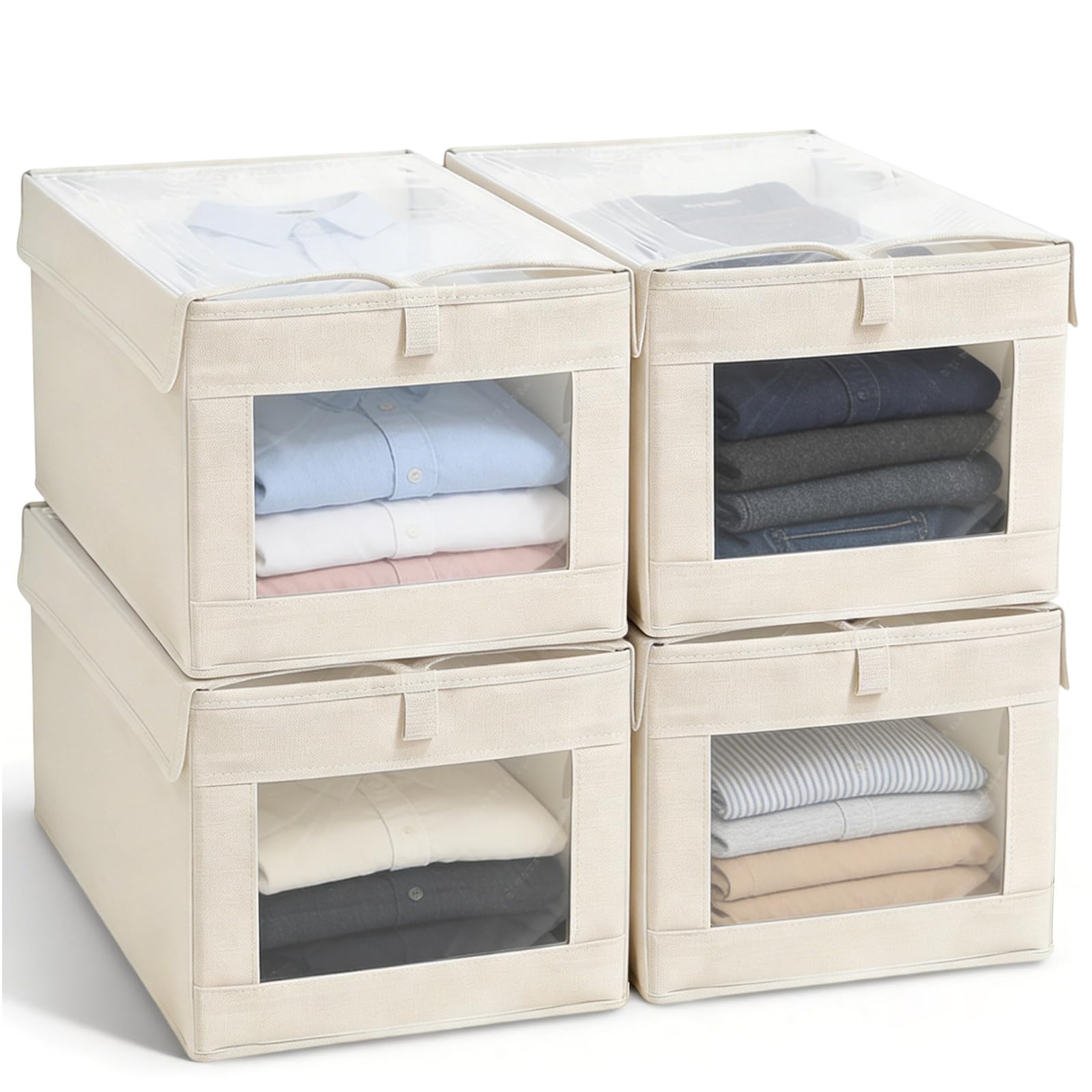 Ytsmfl Beige Wardrobe Storage Organiser Foldable, 4 Pack Storage Boxes With Lids Foldable Storage Cubes With Transparent Window Fabric Storage Organiser Box For Toys Clothes Closet(Beige)