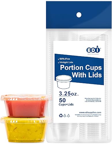 Miniatura 12 de EDI [1 onza, 100 juegos] Vasos de plástico desechables transparentes con tapas a prueba de fugas Jello Shot, condimento, salsa de inmersión, tazas