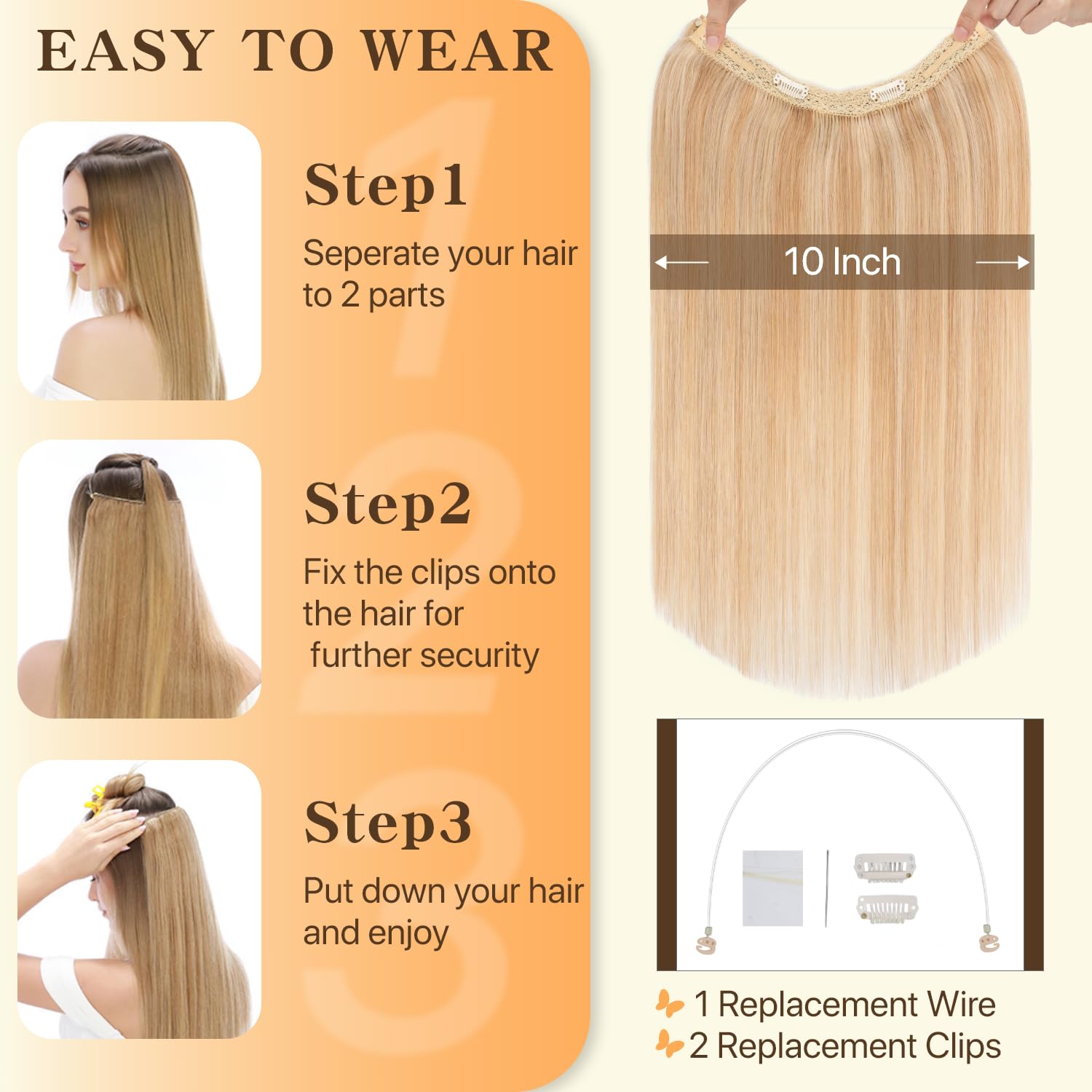 TESS Halo & Clip in Hair Extension 100% Real Human Hair Wig One Piece Adjustable Invisible Transparent Wire with 2 Secure Clips for Women UK #18P613 Ash Blonde & Bleach Blonde #20 inch - Image 4