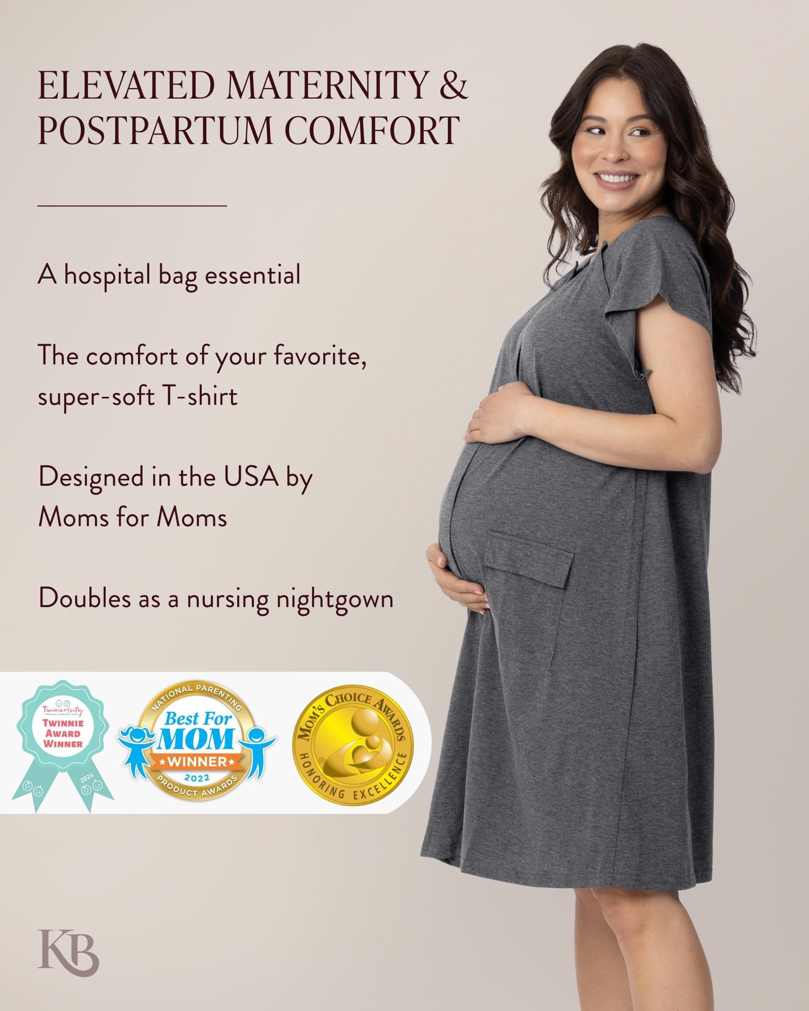 Kindred Bravely Universal Labor and Delivery Gown for Birthing and Nursing, Grey Heather, 1X/2X (fits baby bumps 52-57 in) 1