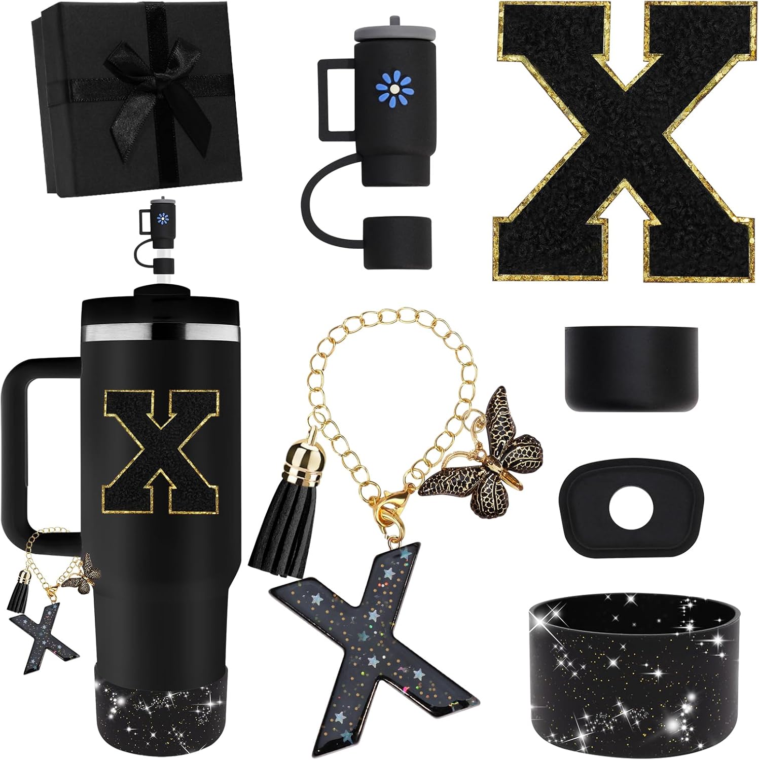 Black Accessories for Stanley Cup Accessories 30OZ 40OZ, All Accessories Gift Box Contain Flower Straw Topper, Sillicone Boot, Letter Stickers and Pendants,Spill Stopper Set (Black X)