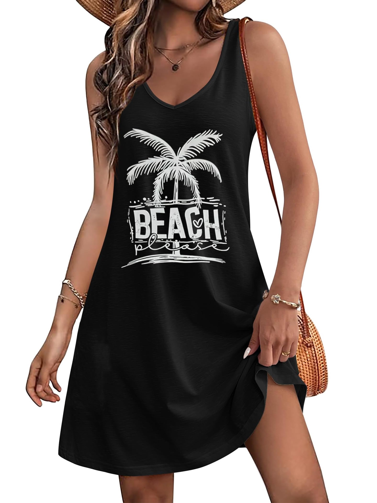 LAZYCHILD Summer Dresses for Women: Summer Sundress 2025 Boho Beach Dress Tree Shirts Tank Dress V Neck Casual Dresses