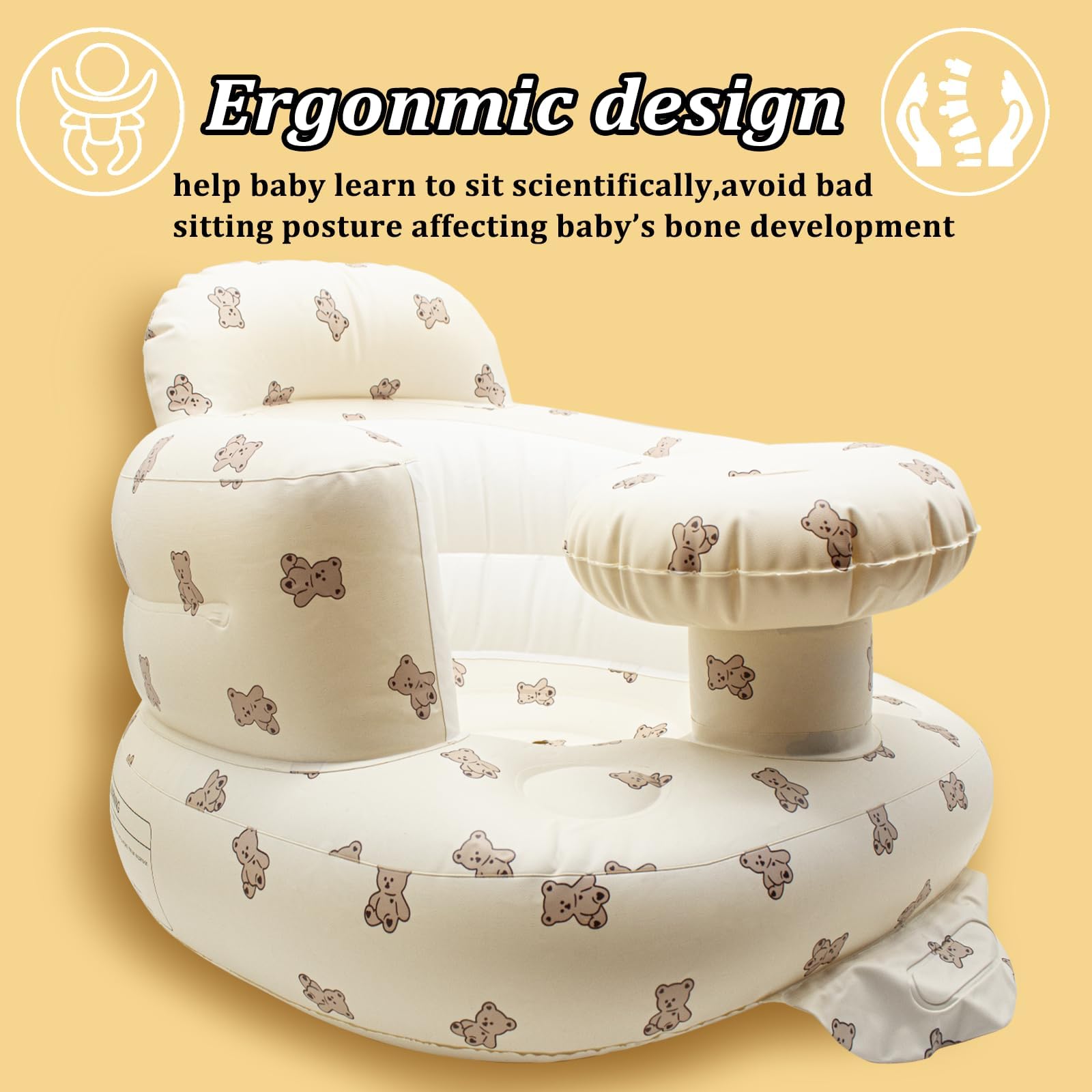 Seggiolino Gonfiabile Neonato, Design con Cinture di Sicurezza,Pompa Gonfiabile Integrata,Seggiolino Gonfiabile Bambino da 3 a 36 Mesi Divano Bambino Pavimento (Vassoio Orso)