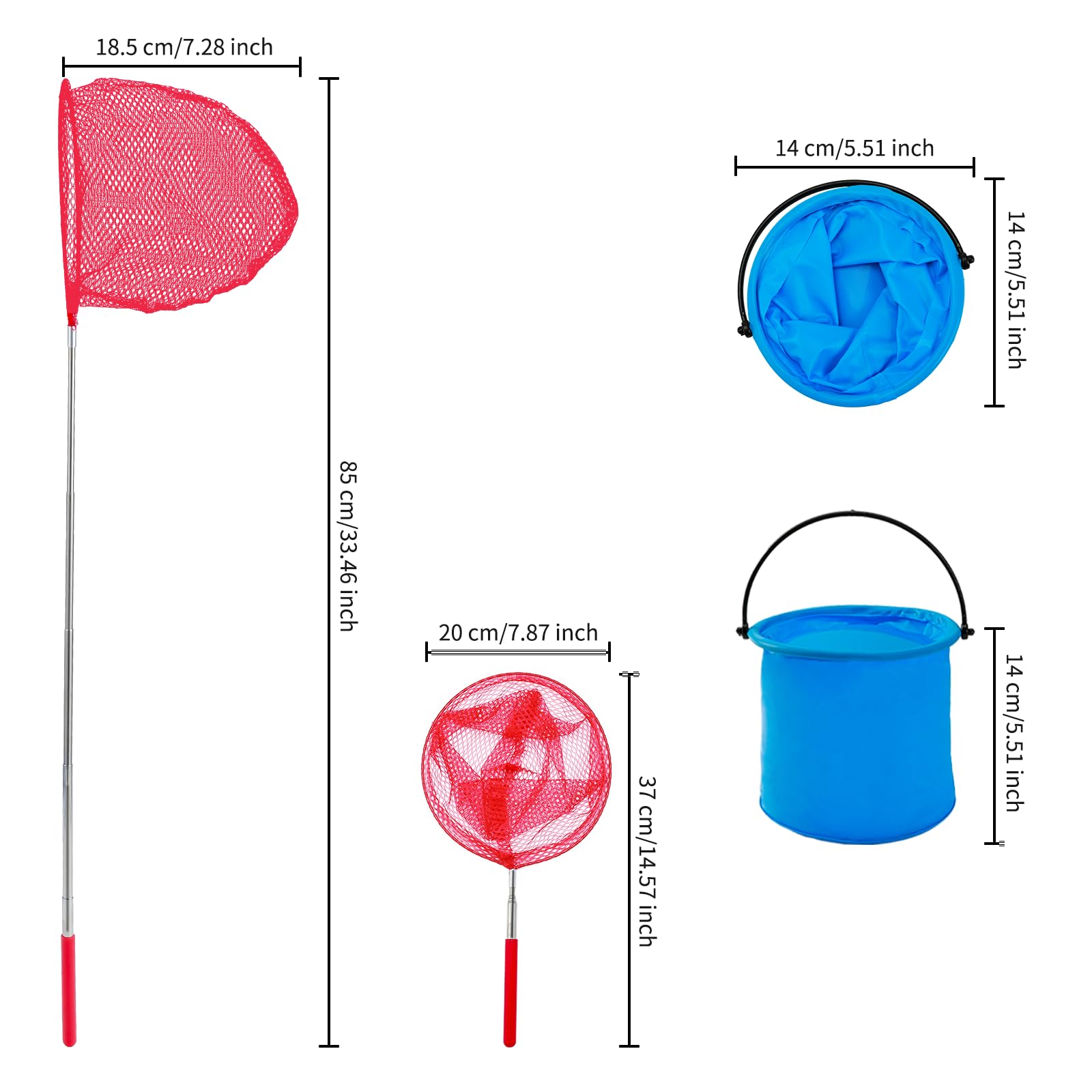 Retino per Bambini, Retino Telescopico per Bambini, Set da 7 Pezzi include 5 Retini per Farfalle e 2 Secchio Pieghevole, Retino da Pesca per Bambini per Catturare Insetti, Pesci, Giardino
