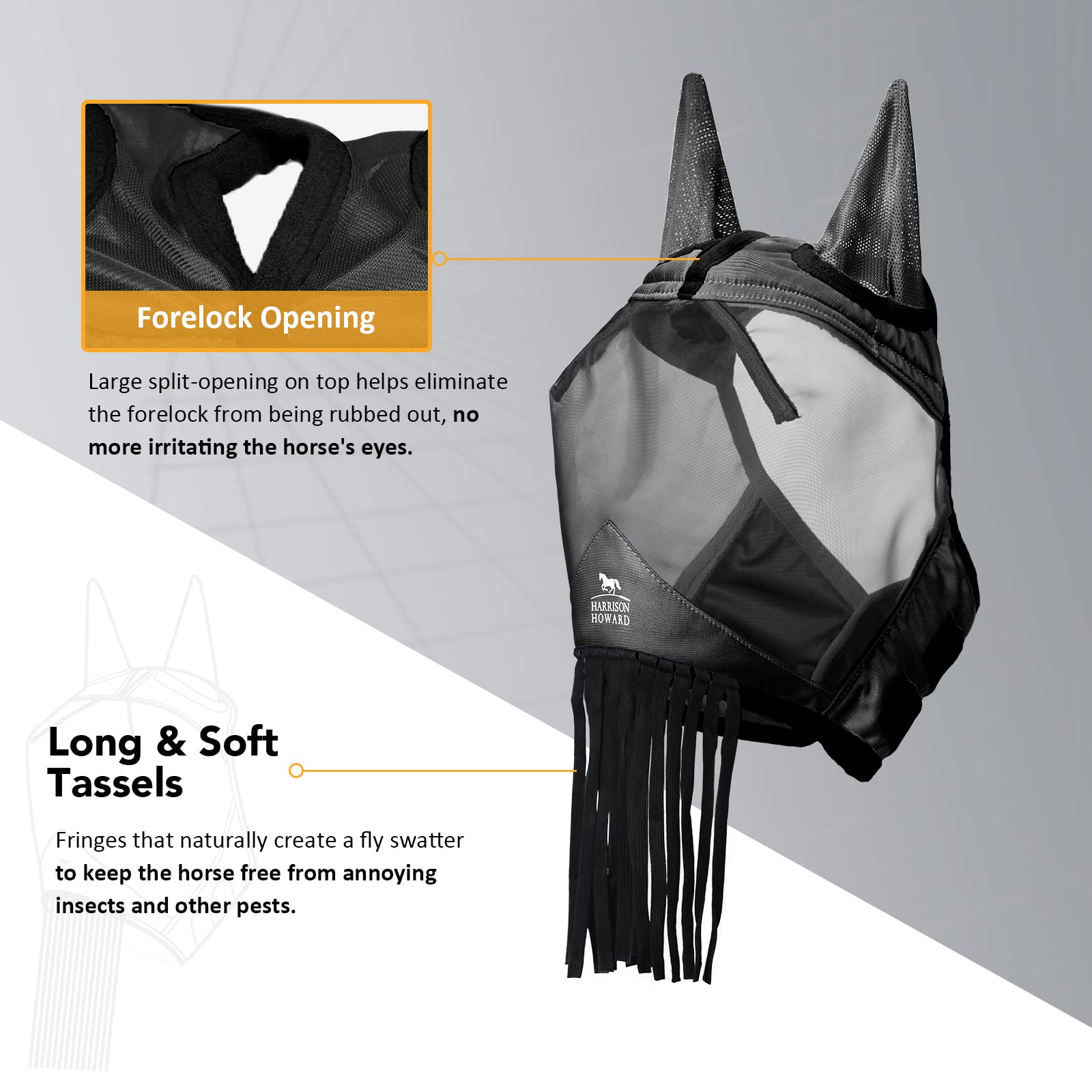 Harrison Howard CareMaster Horse Fly Mask with Ears and Nose Fringe Fly Protector Defender Mask-Piano Negro L