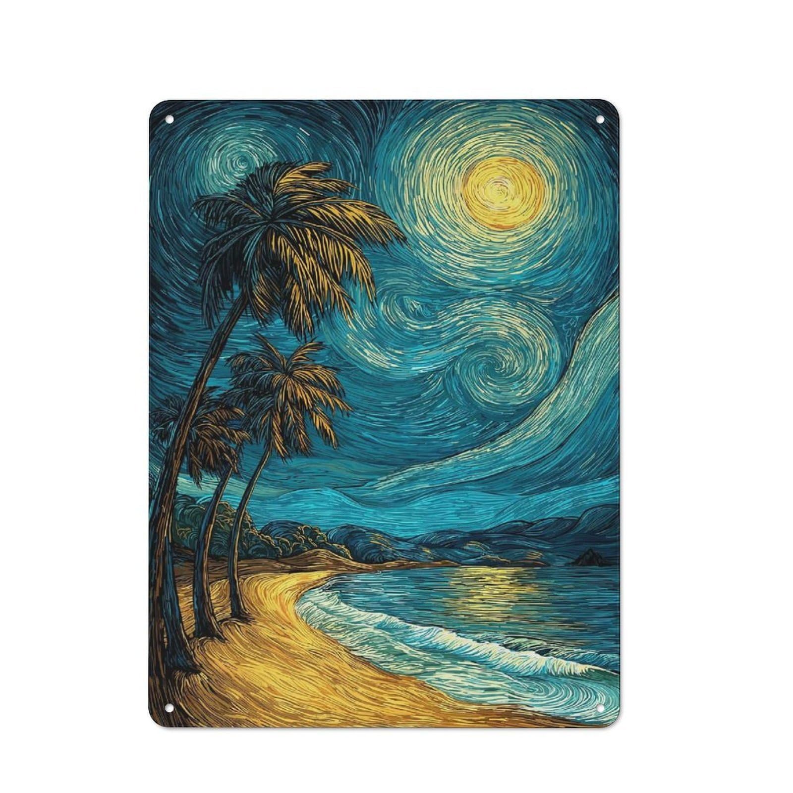 Junmoney Style-14 Starry Night Beach Warehouse Style Metal Wall Decor 40X30cm, Tin Wall Sign For Modern Home, Workshop, Office Or Cafe