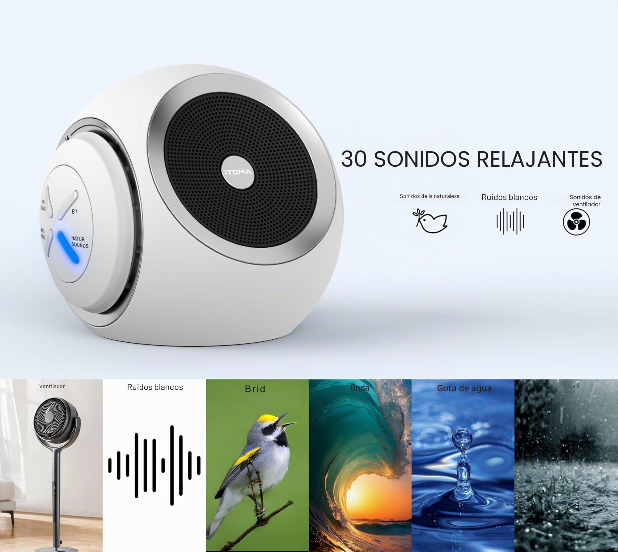 Máquina de ruido blanco, 30 opciones de sonido calmantes, incluyendo ventilador, ruido natural y blanco, cronómetro de sueño, bluetooth, volumen ajustable iTOMA 318