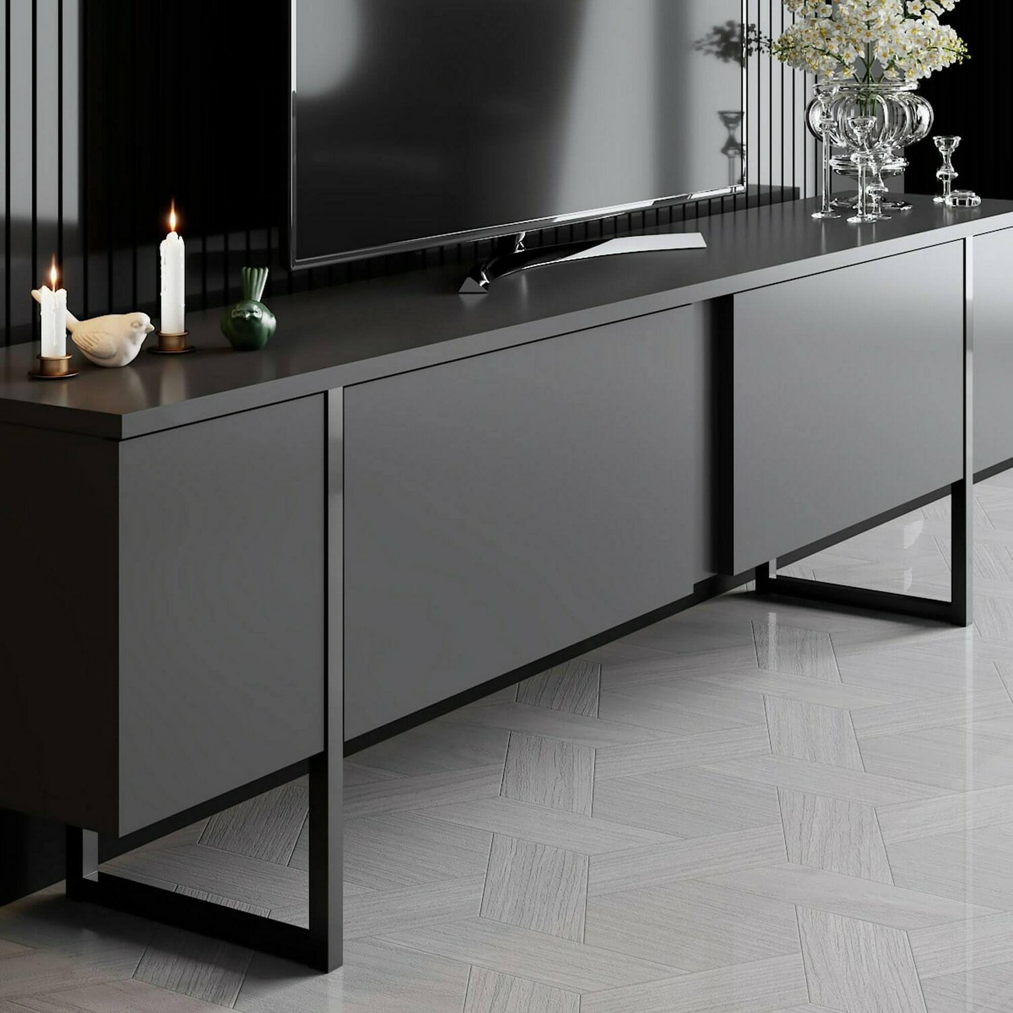 Dmora Mobile Porta Centaurus, Credenza da Soggiorno, Armadio Basso per TV, Base Parete attrezzata, 180x30h50 cm, Antracite e Nero