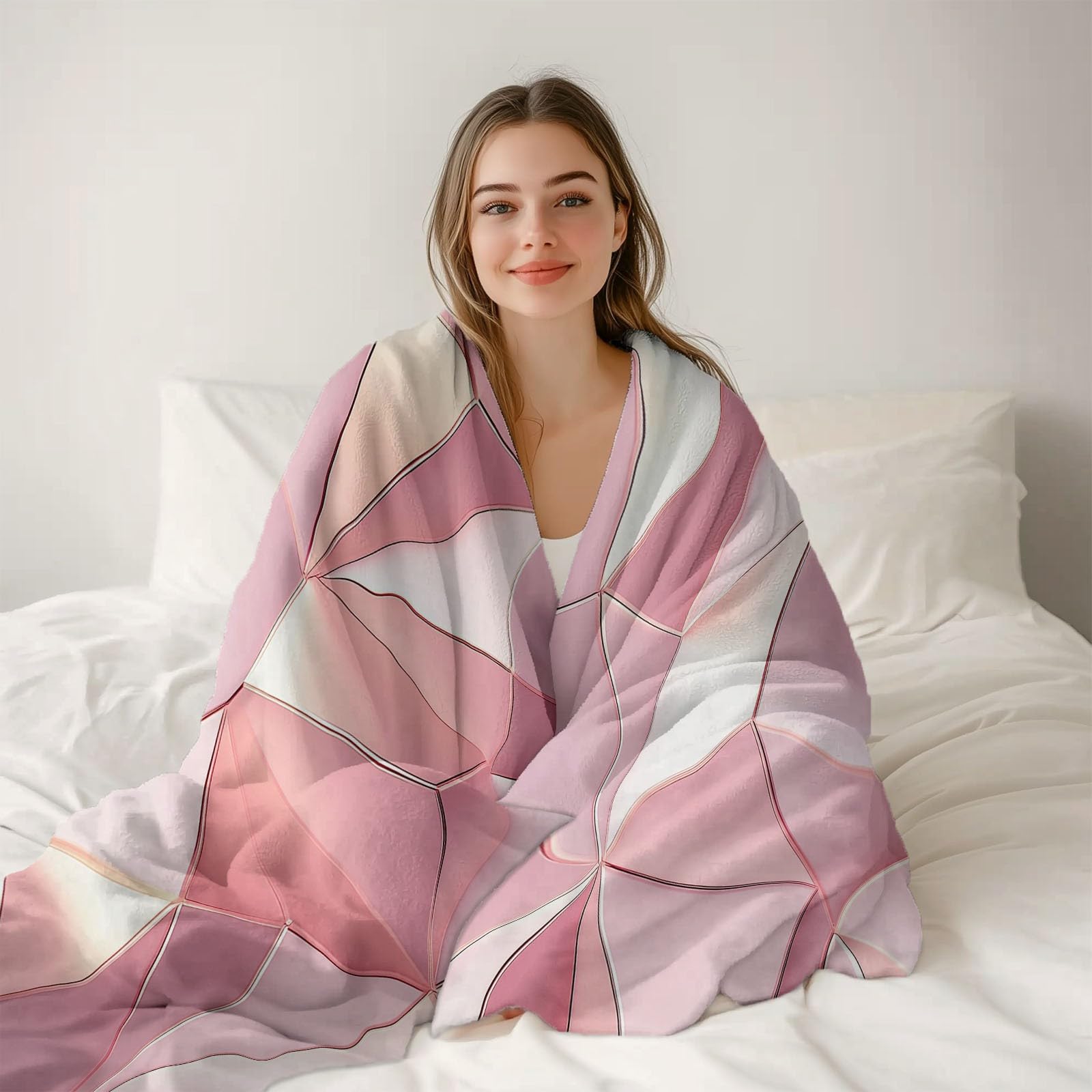 Manta con Polígono Rosado, 220x240 cm Manta Geométrico, Bonita Mantas acogedora versátil Suave cálida y Ligera para sofá Cama Camping Viajes