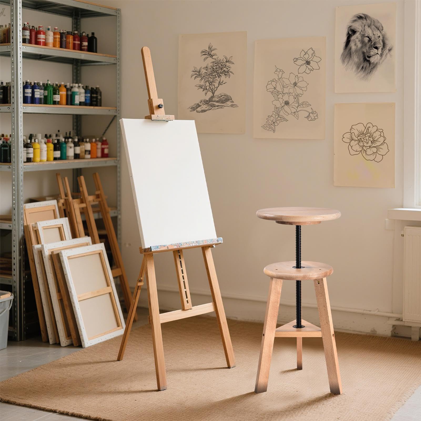 Sgabello Per Disegno Sedia In Legno Girevole Regolabile 48-65 Cm Per Artist