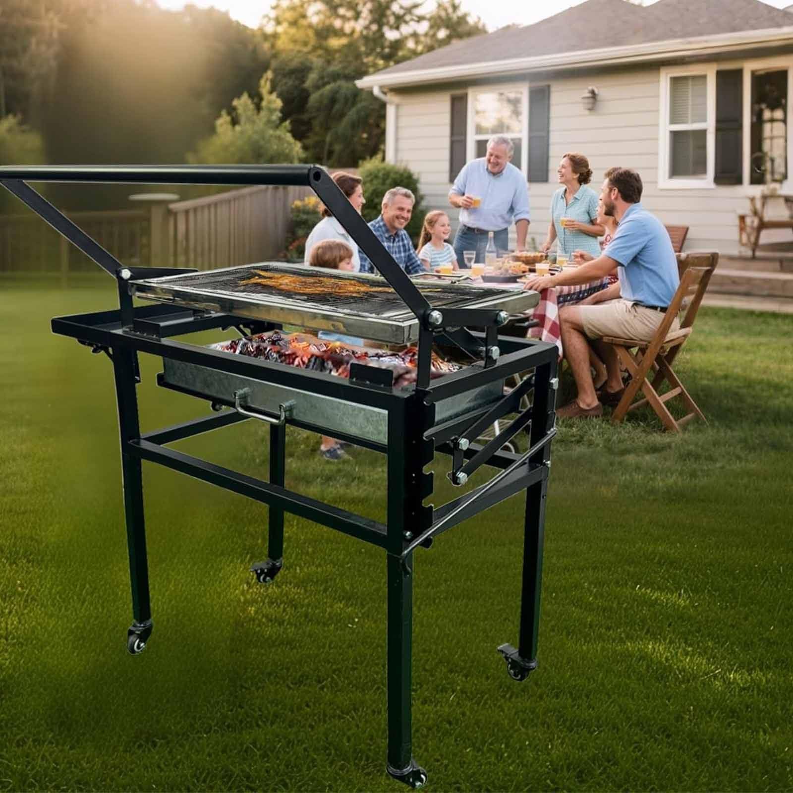Grill węglowy z wózkiem, wytrzymały kwadratowy grill zewnętrzny, wyjmowany, obrotowy ruszt do gotowania o 360 stopni, stojący grill do gotowania z kółkami do biwakowania