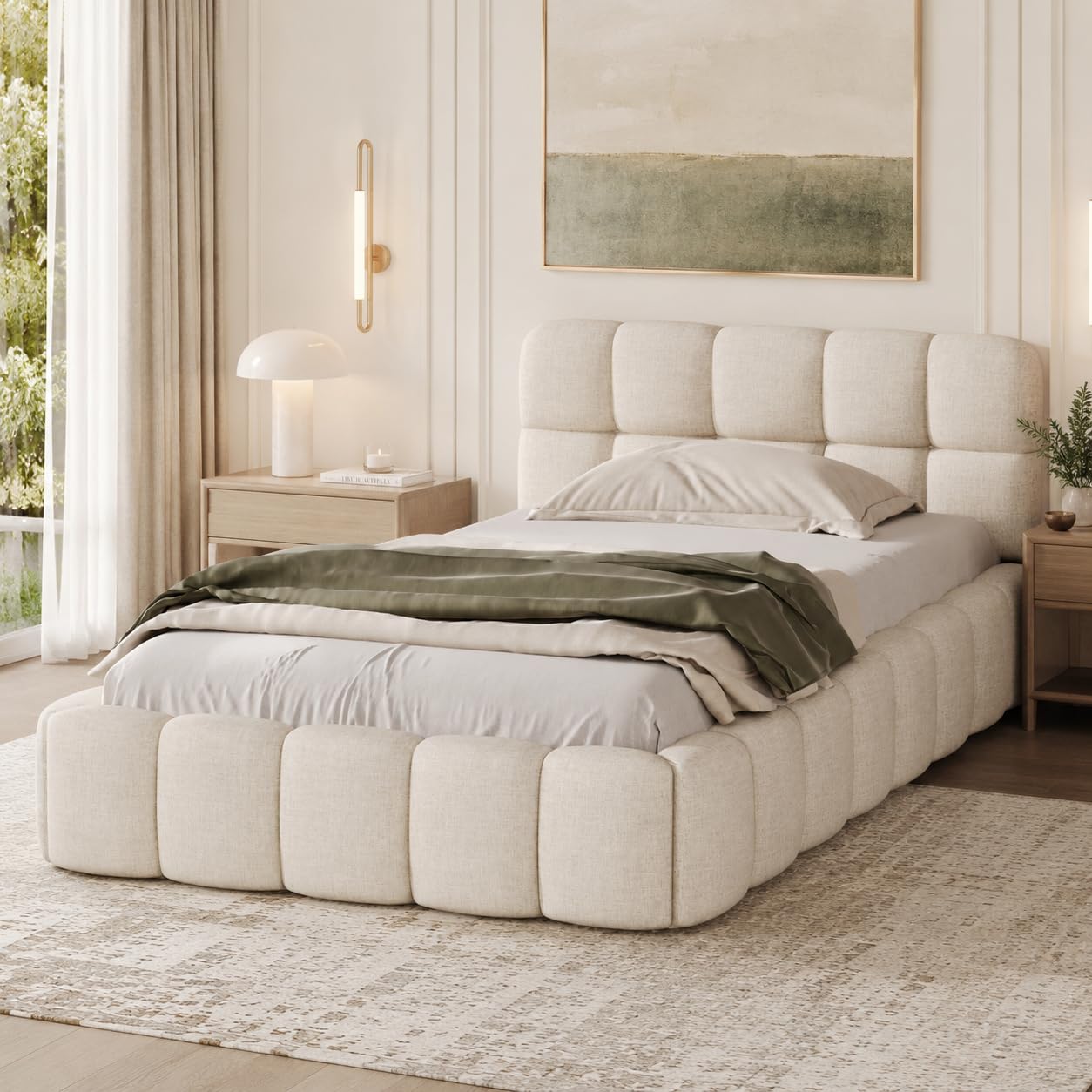 OLIVIBED Single Bed Frame with Headboard, 3ft Ottoman Bed with Slatted Frame, Modern Style Upholstered Bed in Linen Fabric, No Mattress, 90x190cm, Beige