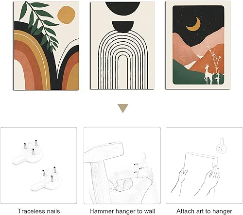 Miniatura 7 de Juego de 3 arte de pared bohemio enmarcado, decoración de pared bohemia, arte de pared moderno de mediados de siglo, impresiones geométricas