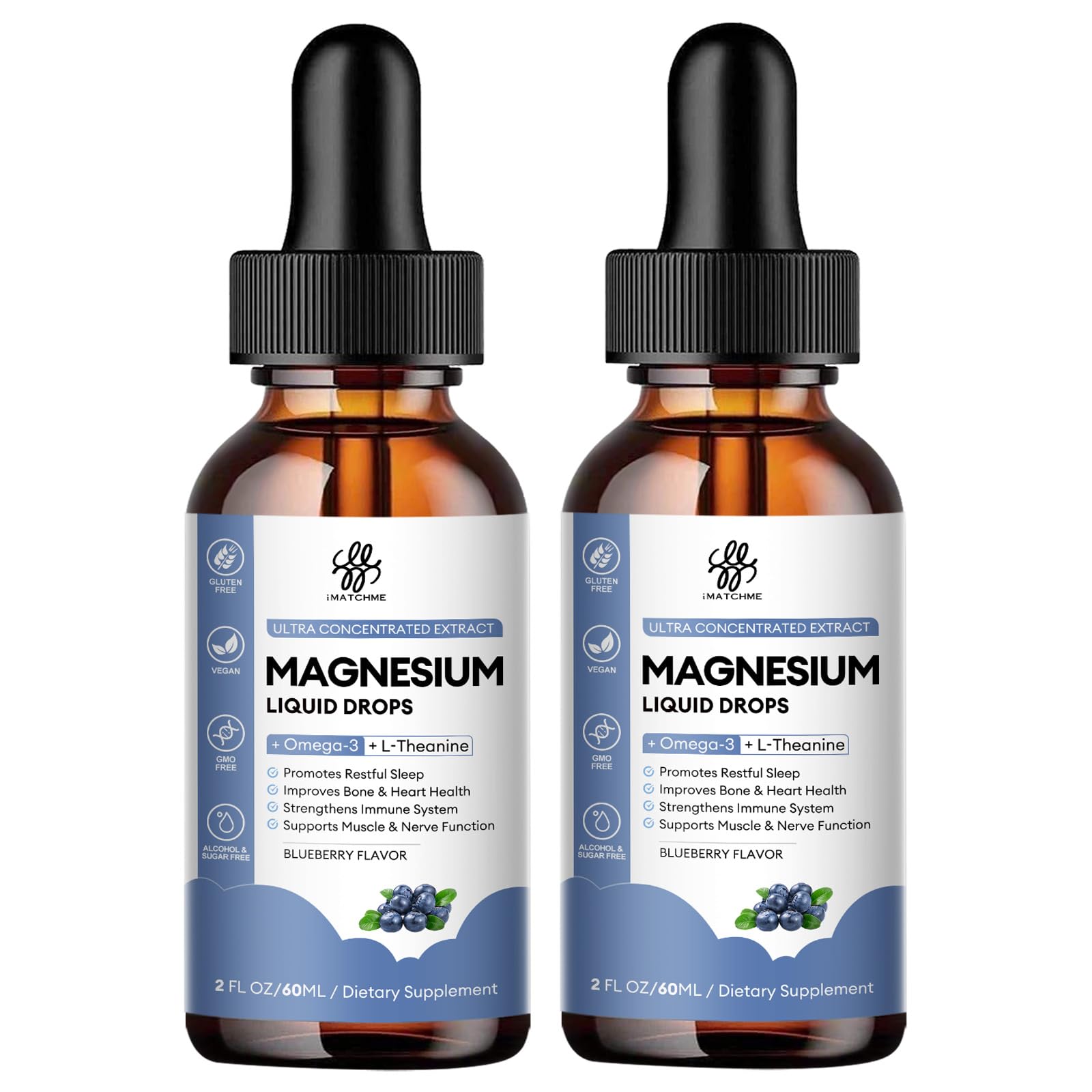 (2 Pack) Magnesium Glycinate Liquid Drop with Citrate, Oxide and Taurate, Calm Magnesium with Omega3, L-Theanine, D3, B6, B12 for Calm, Sleep, Leg Cramps, Muscles, Energy, Sugar-Free Blueberry Flavor