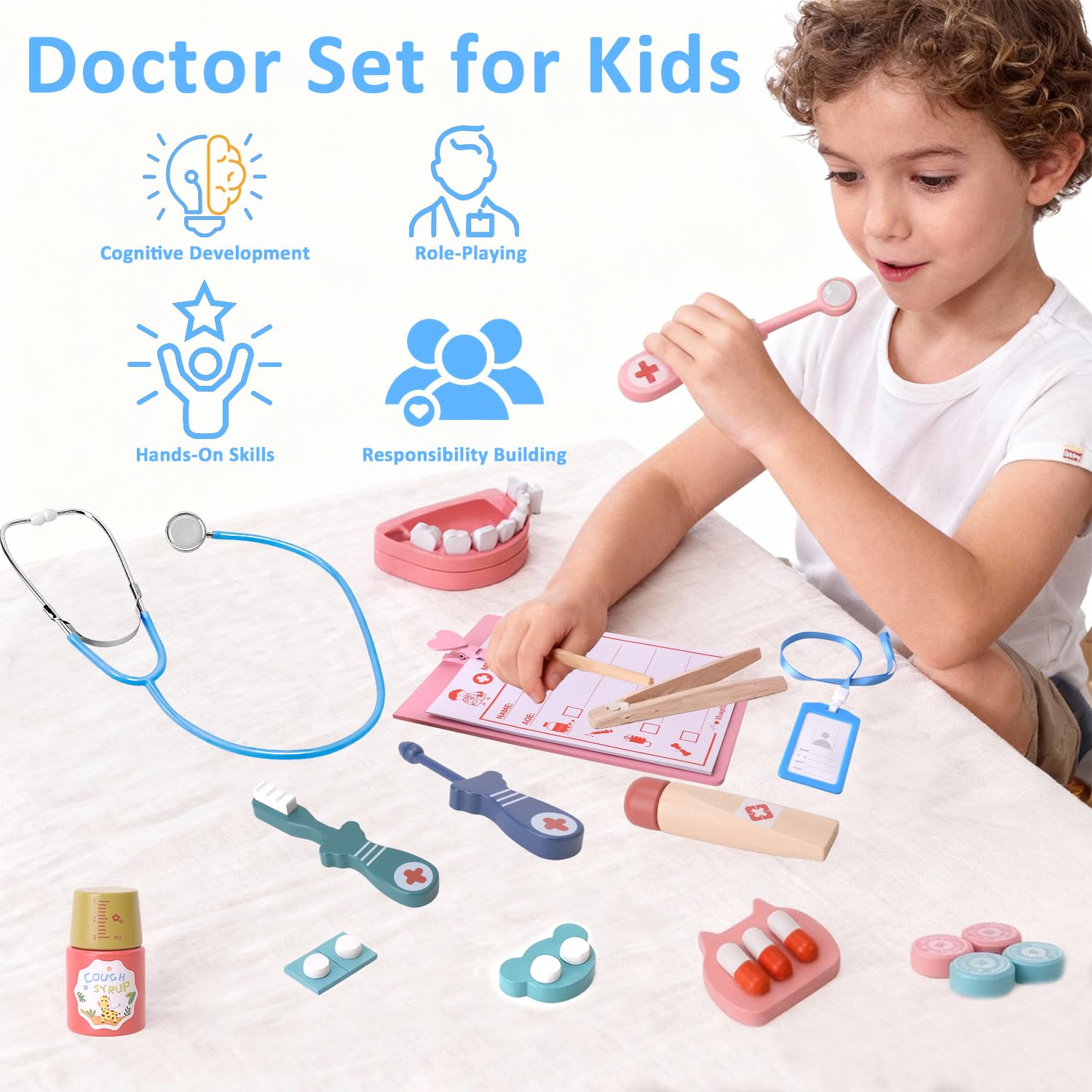 Maletín Médico De Madera Para Niños 45 Piezas | Juego De Doctor Con Estetoscopio, Jeringa Y Termómetro | Juguete De Rol A Partir De 3 Años