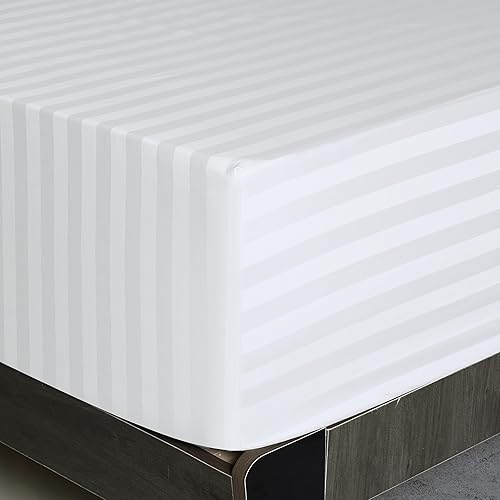 Sábana bajera ajustable a rayas de tamaño matrimonial, color blanco, 600 hilos, 100% algodón, sábana bajera de satén a rayas, sábana bajera de 15 disponible en Yaxa Peru