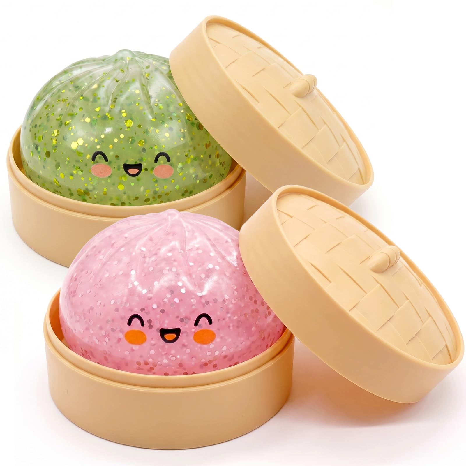 2PCS 10CM Glitter Dumpling Stress Toy Giant Dumpling Squishy Toy with Steamer Box Soft Squeeze Decompression Dough Fidget Toys for Relaxation Boys Girls Home Office Classroom Pink&Green