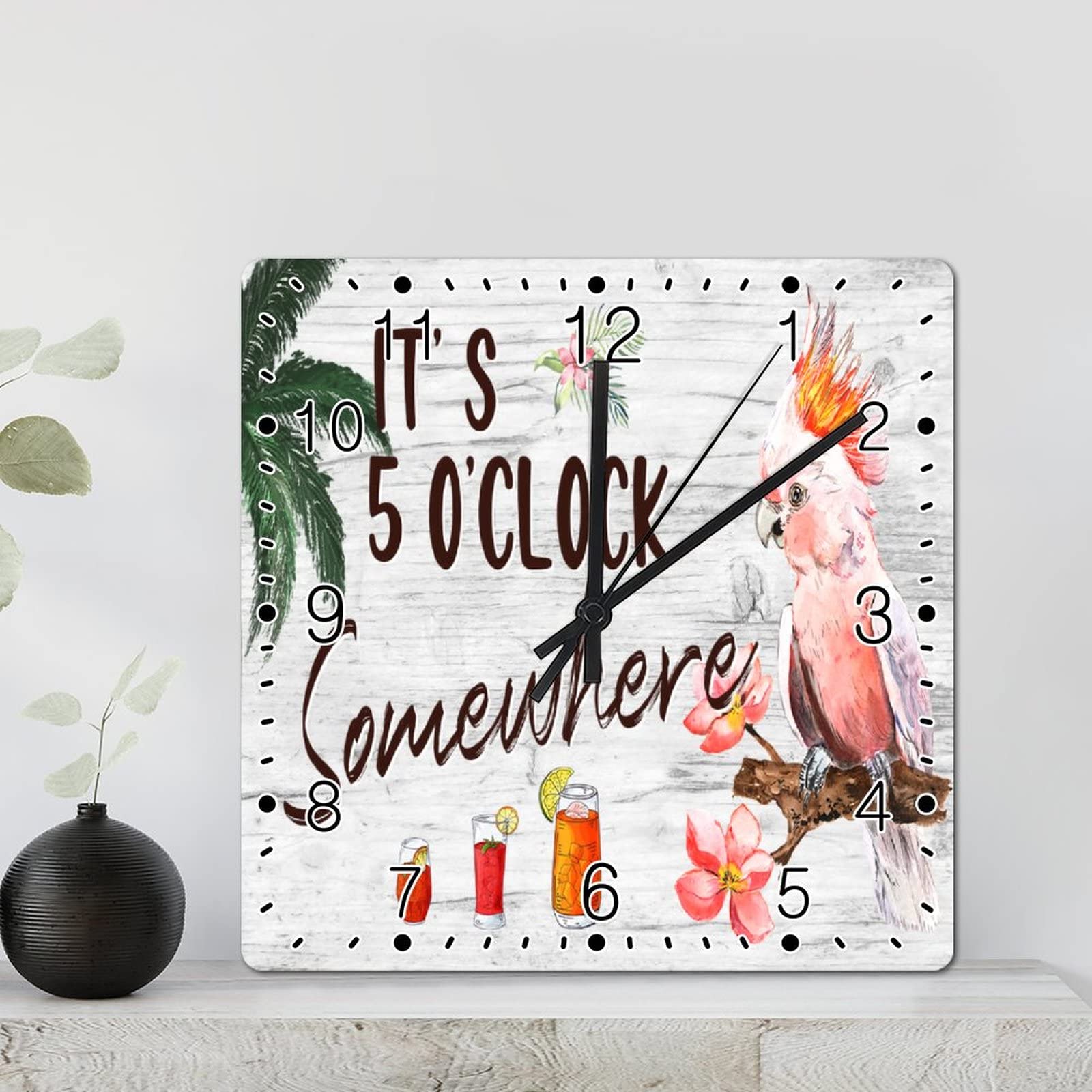 Horloge murale rustique carrée de 30 cm motif fleurs tropicales et perroquets