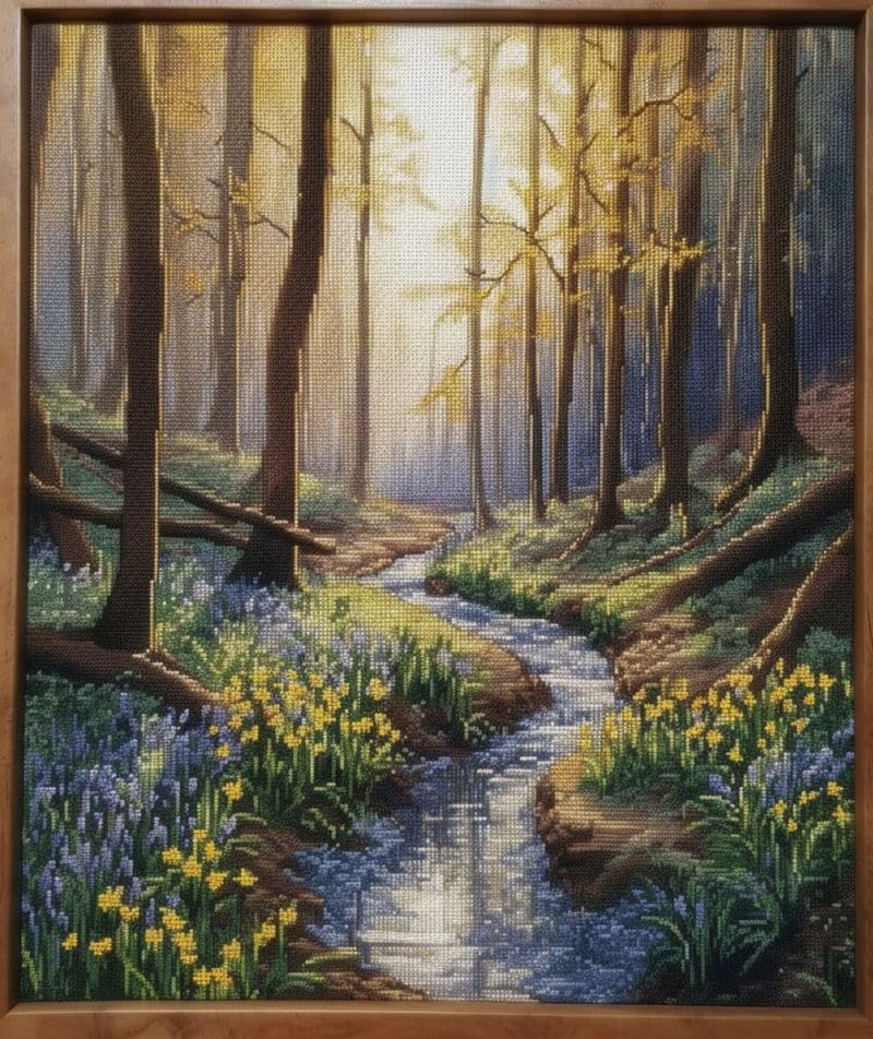 Bluebells & Tree 11ct Counted Cross Stitch Stamped Pre Printed Cross Stitch Embroidery Kits for Adults Starter DIY Embroidery Needlework Kit with Patterns 45×55cm(w-d168)