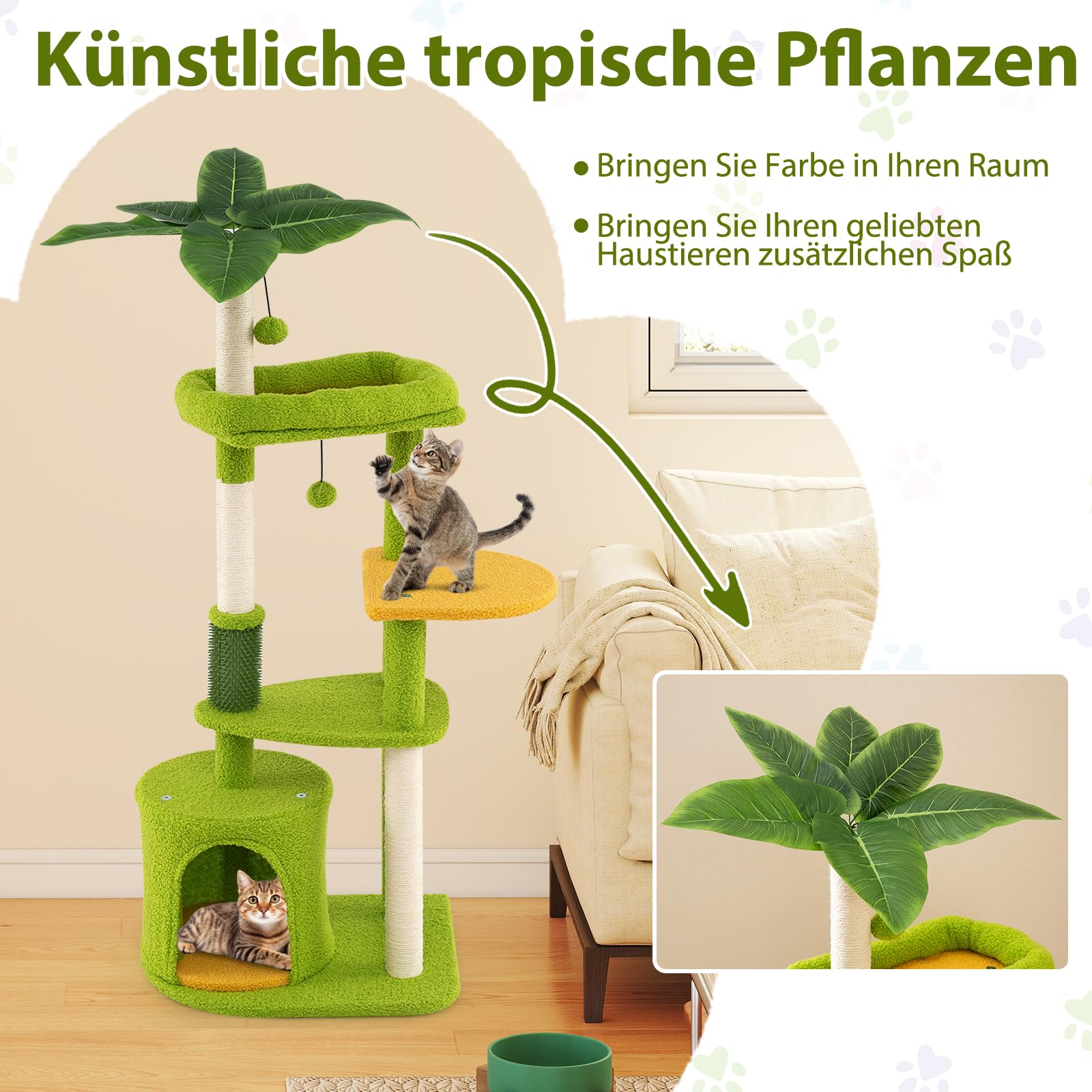 COSTWAY Kratzbaum, Katzenbaum mit Katzenhöhle, künstlichen Blättern, Katzenbürste, Liege, Sisal-Kratzpfosten, Plattformen & Bällen, Kletterbaum Katzen Katzenkratzbaum, 122 cm hoch, Grün+Orange