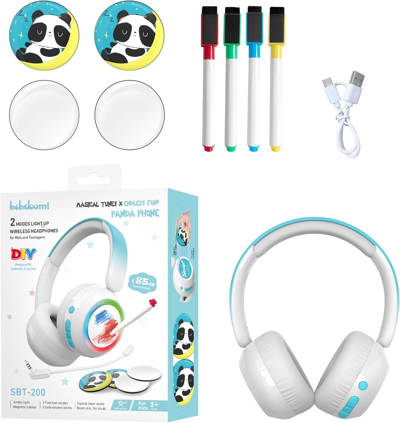 Kids Bluetooth Headphones, Lightweight Wireless Headphones for Kids, 75/85/94dB Volume Limited, Bluetooth 5.4, Over-Ear Toddler Headsets Detachable Mic fot School/Travel/Tablet (Panda)