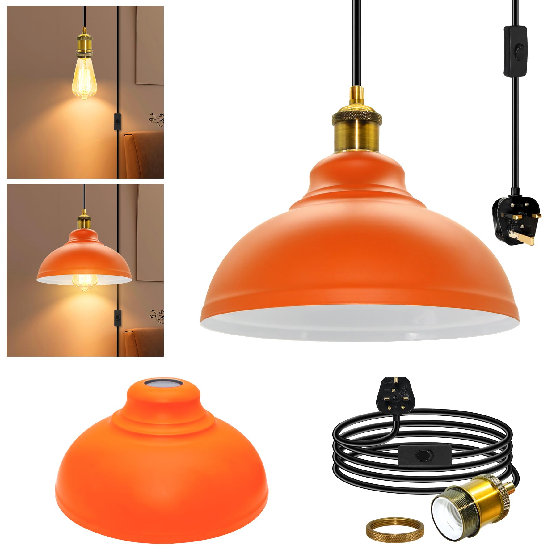Industrial Hanging Light with Switch and Plug, 500 CM Adjustable Industrial Brass Suspended Pendant Light Fitting,Vintage Plug in Ceiling Light Fixture,E27 Lamp Holder,Detachable Lampshade, for Cafe
