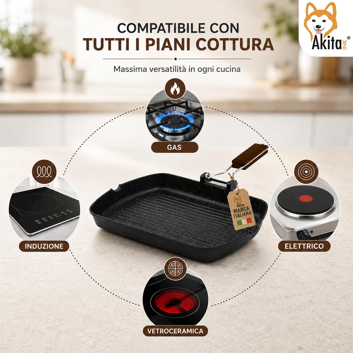 AKITAInk Bistecchiera in Alluminio Pressofuso Antiaderente Quadrata e Rettangolare, Ideale per Carne, Verdure e Grigliate, Compatibile con Induzione, 26x36 cm