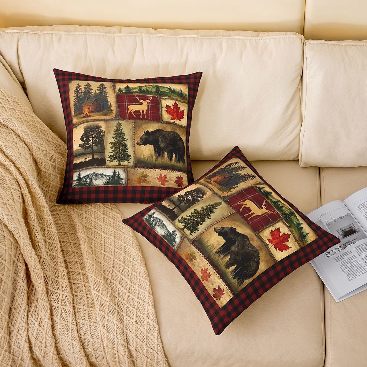 Set of 2 Bear Cabin Plaid Throw Pillow Covers 24x24 Inch, Rustic Farmhouse Pillow Covers, Retro Hunting Deer Cushion Covers, Woodland Pine Tree Maple Leaf Decorative Pillow Covers, Red Black Brown