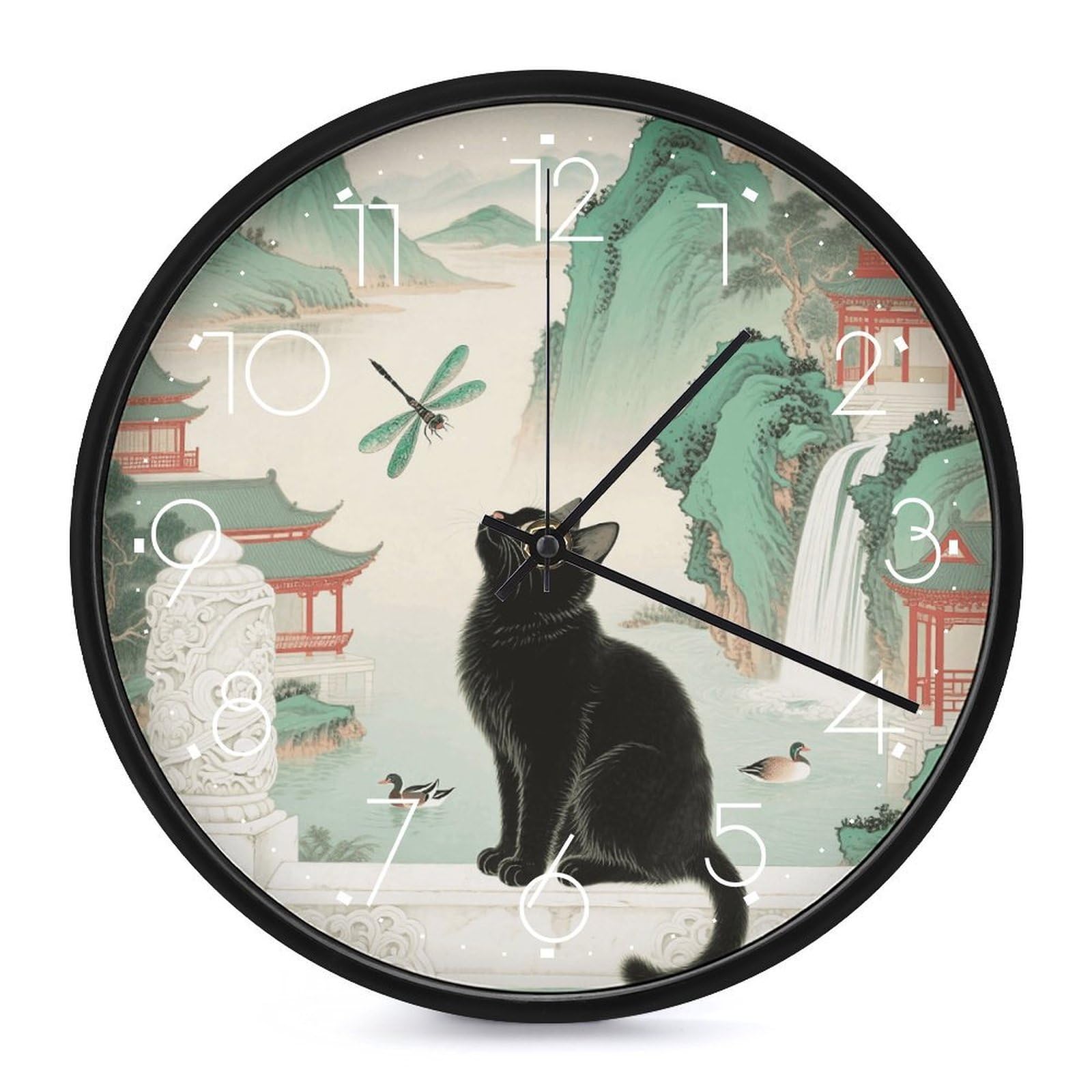 Horloge murale chat noire au design épuré et mécanisme haut de gamme de 25cm