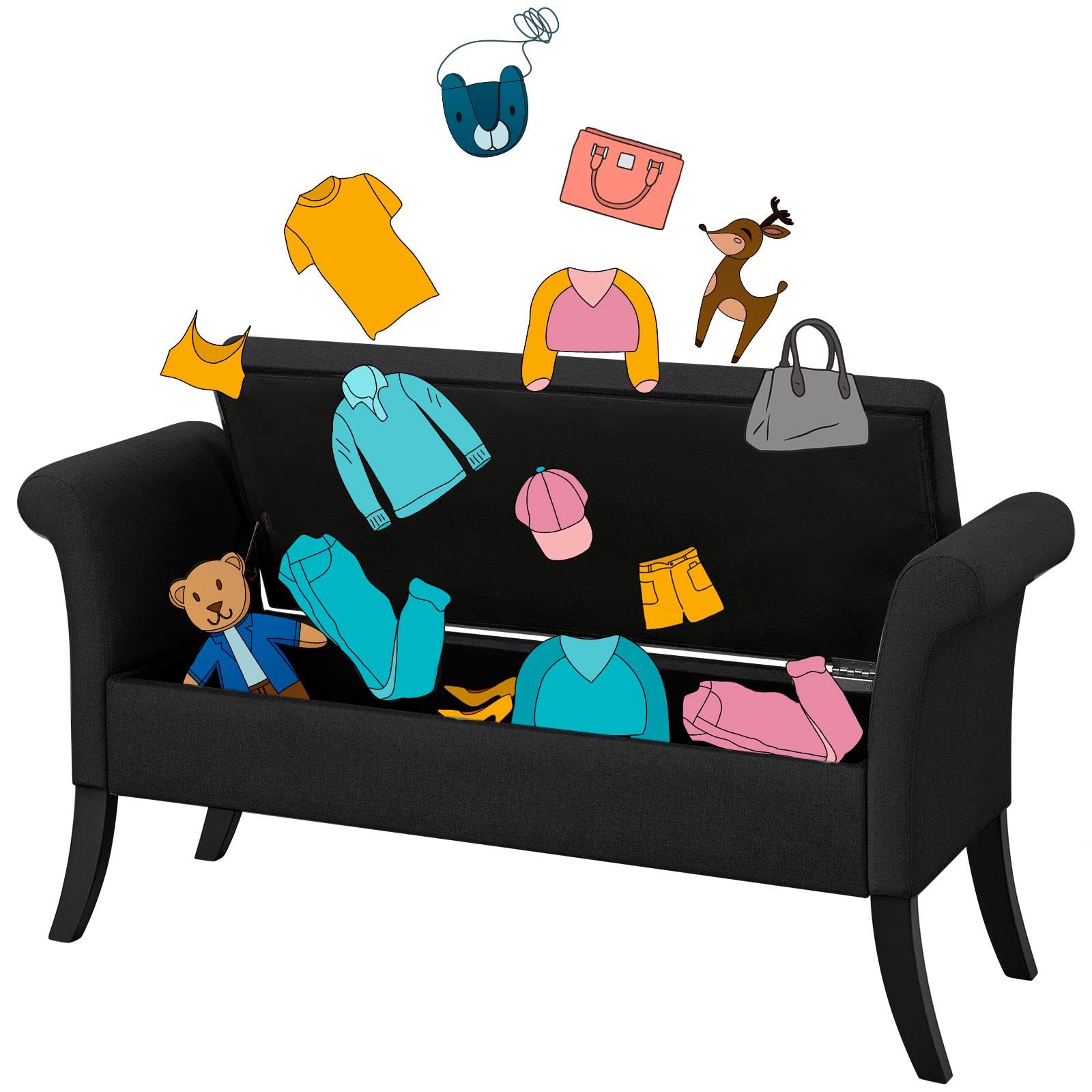 Abician Banc de Rangement avec Accoudoirs et Compartiment Coffre de Rangement Tissu Repose-Pieds et Caisse et Entrée Noir