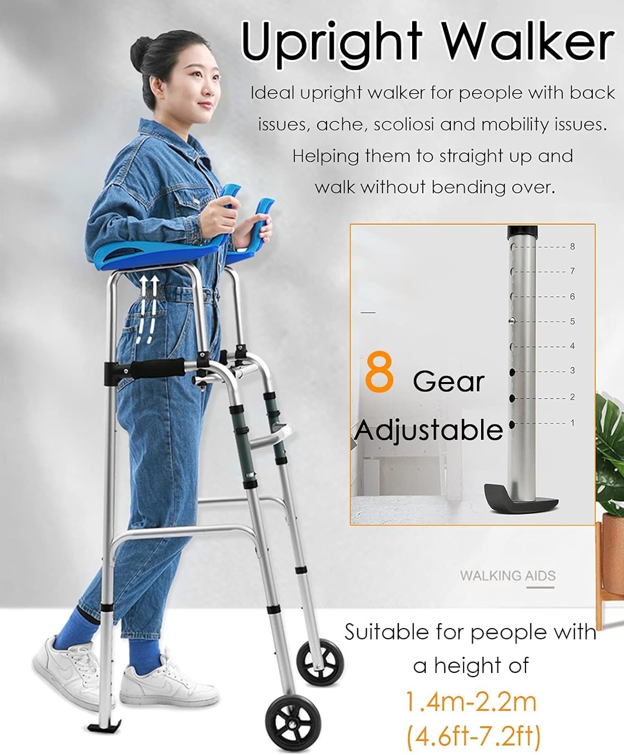 Andador Plegable Ancianos, Andador Vertical Ligero para Personas Mayores Discapacitadas Adulto/Andador De Pie Andador Andador con Reposabrazos,Compacto Ajustable